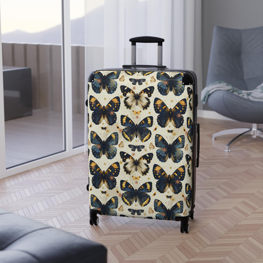 Vintage Butterfly Print Carry On Suitcase | Blue Gold Spinner Luggage