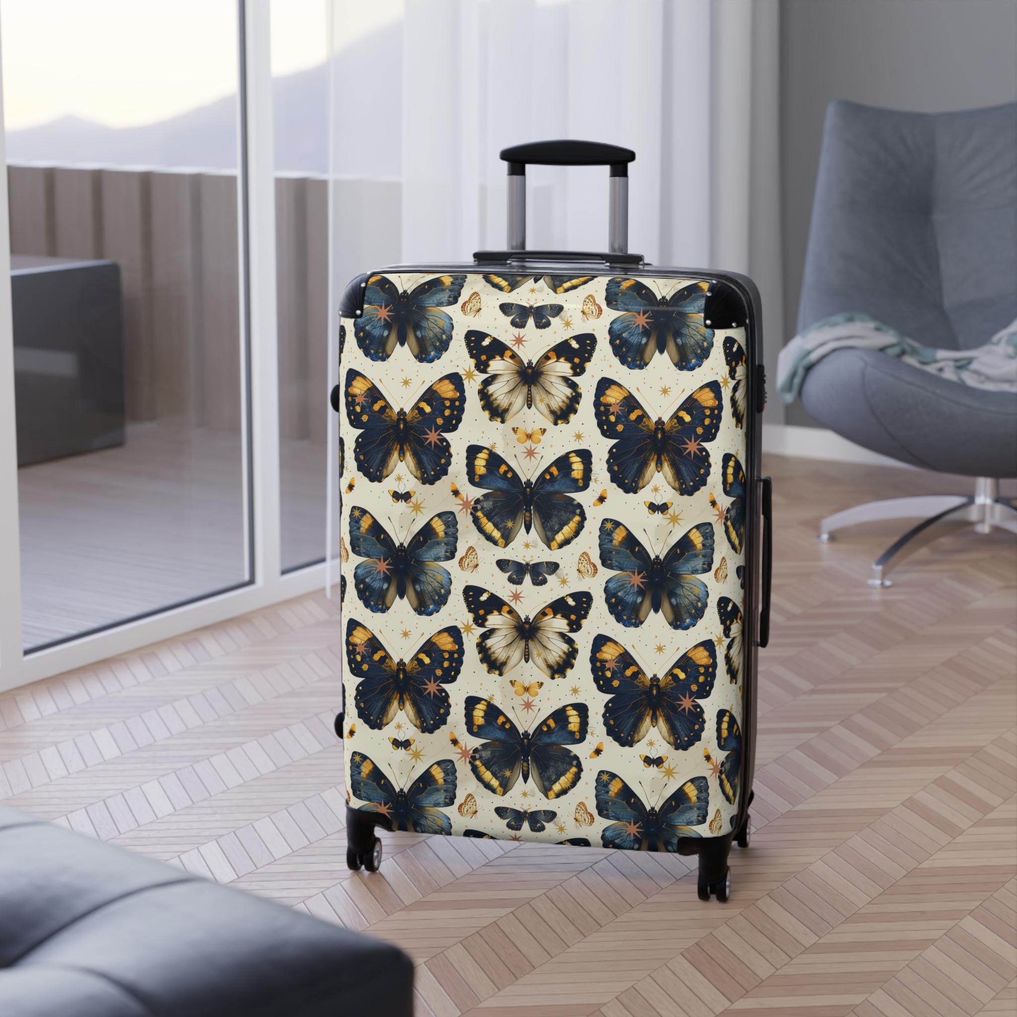 Vintage Butterfly Print Carry On Suitcase | Blue Gold Spinner Luggage