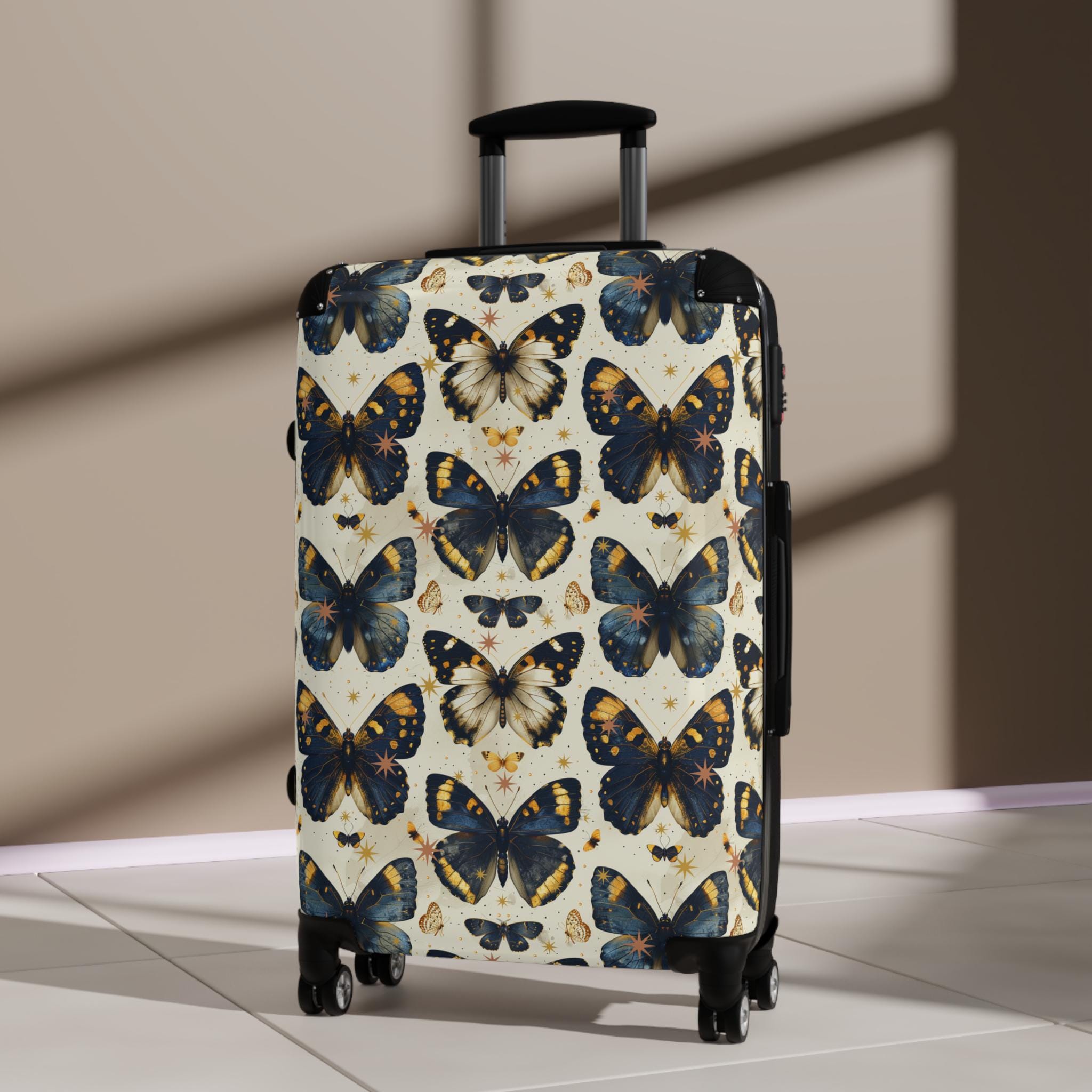 Vintage Butterfly Print Carry On Suitcase | Blue Gold Spinner Luggage