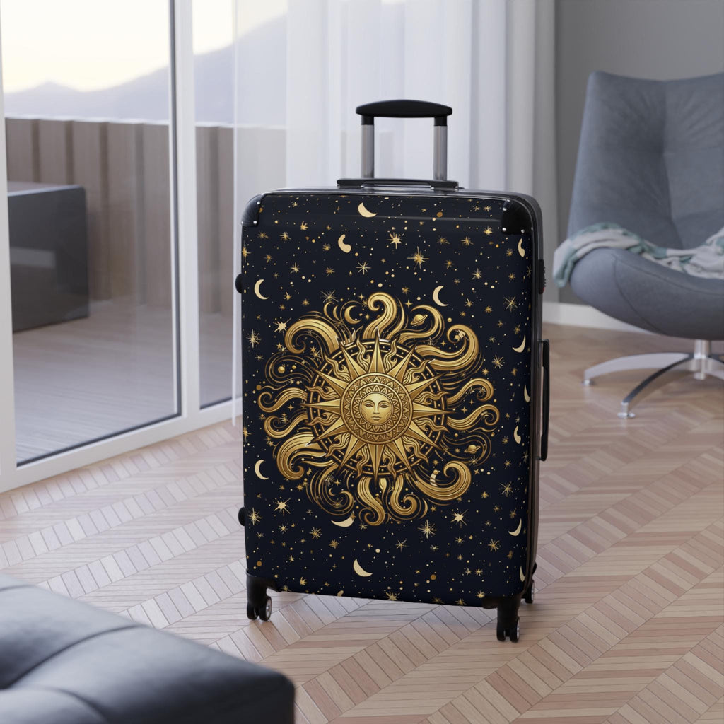 Golden Sun Burst and Moon Suitcase Celestial Luggage