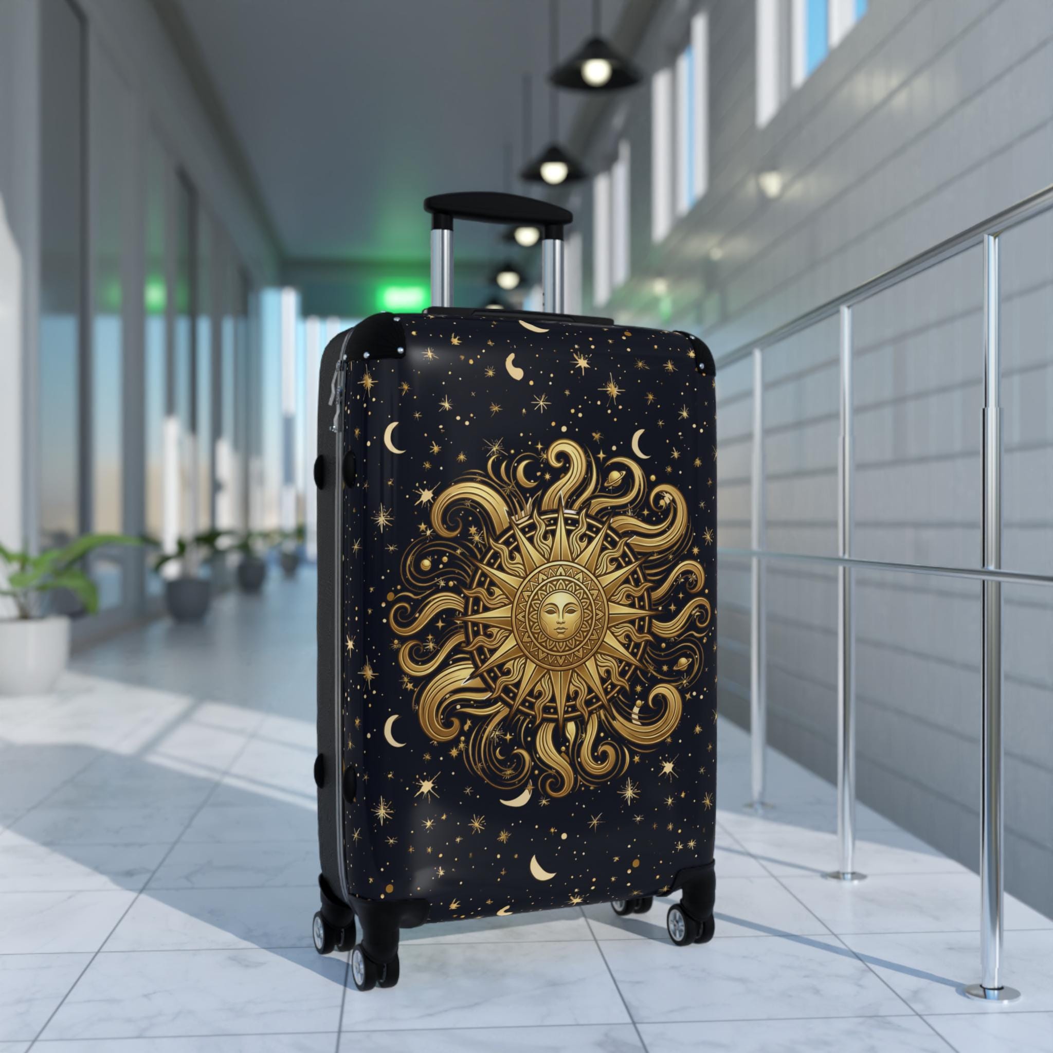 Golden Sun Burst and Moon Suitcase Celestial Luggage