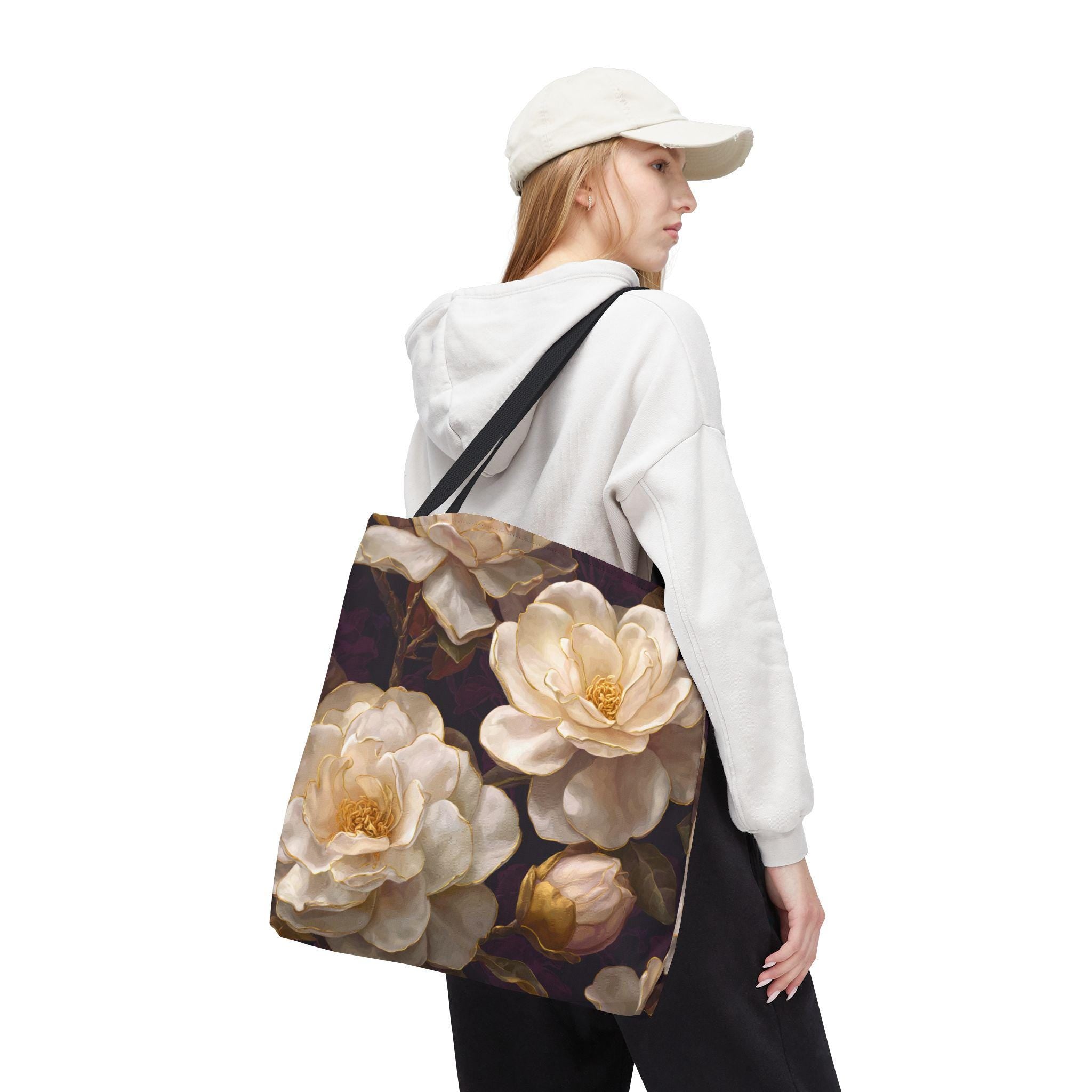Cream Camellia Floral Tote Bag | Vintage Botanical All-Over Print
