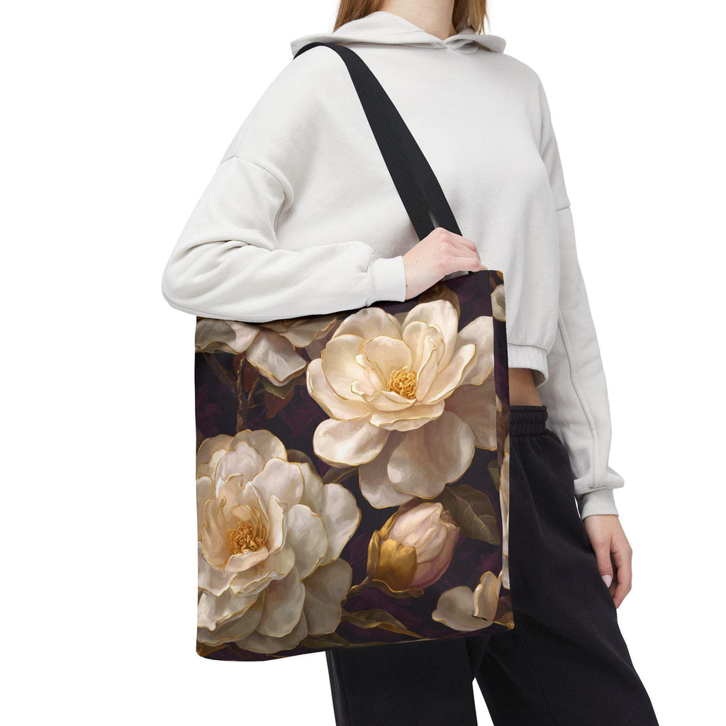Cream Camellia Floral Tote Bag | Vintage Botanical All-Over Print