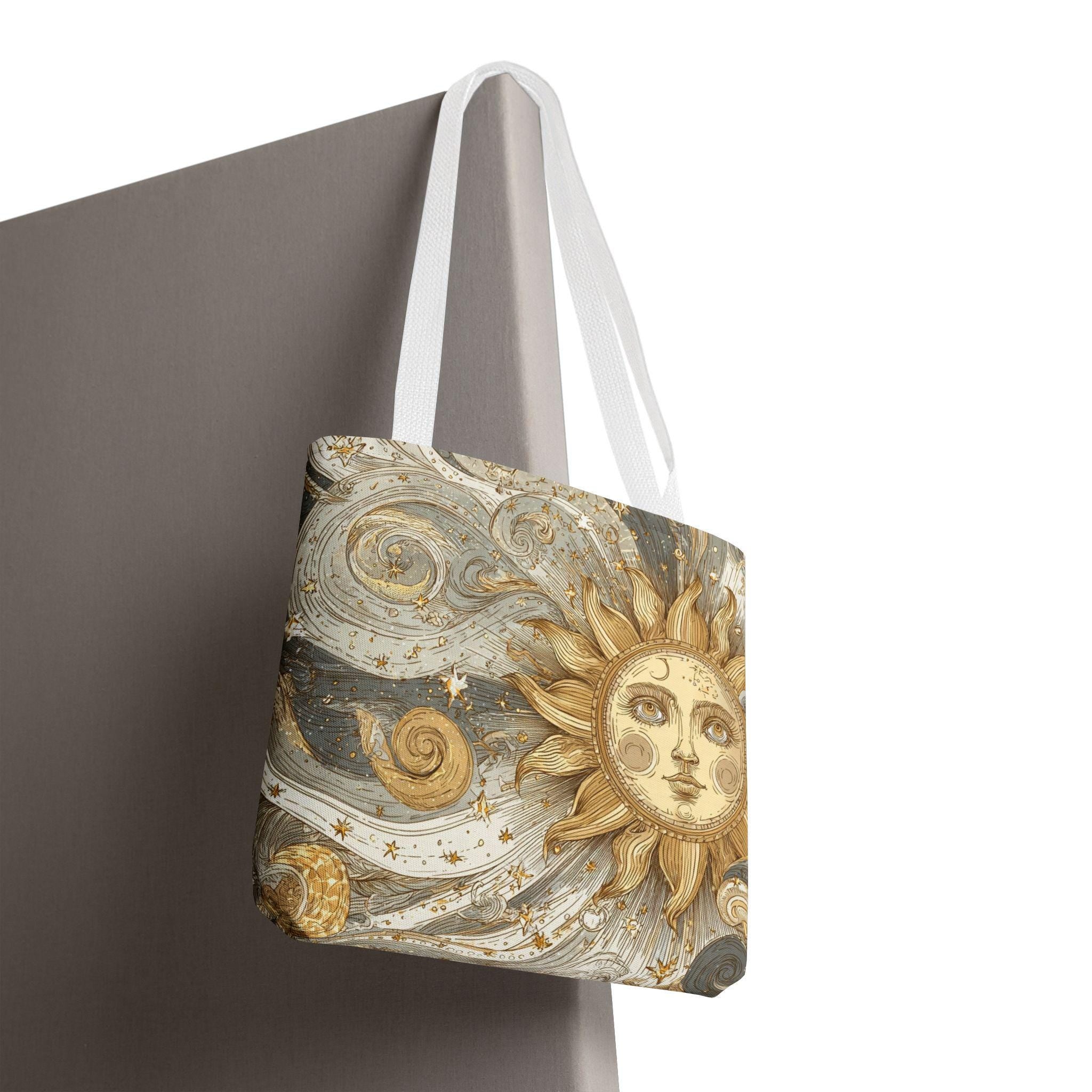 Celestial Golden Sun & Stars Tote Bag | Boho Sun Face Canvas