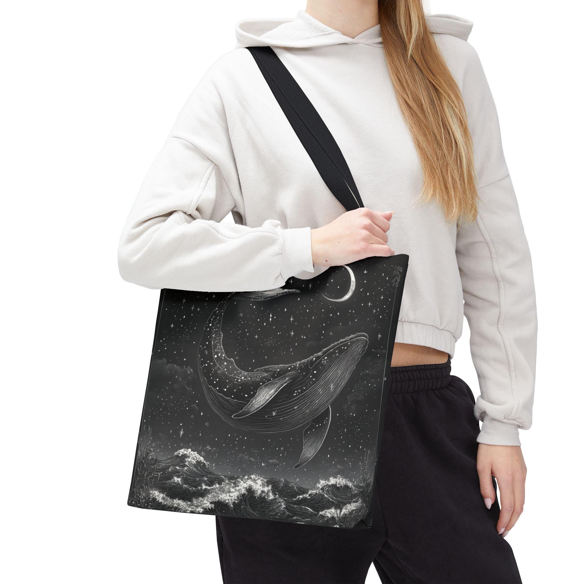 Moonlit Whale Celestial Ocean Tote Bag | Night Sky Illustration