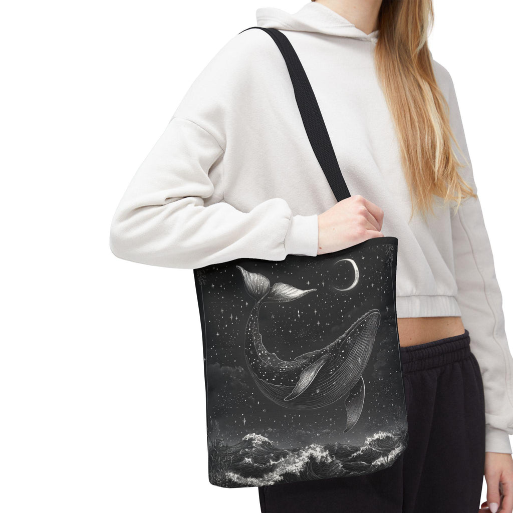 Moonlit Whale Celestial Ocean Tote Bag | Night Sky Illustration