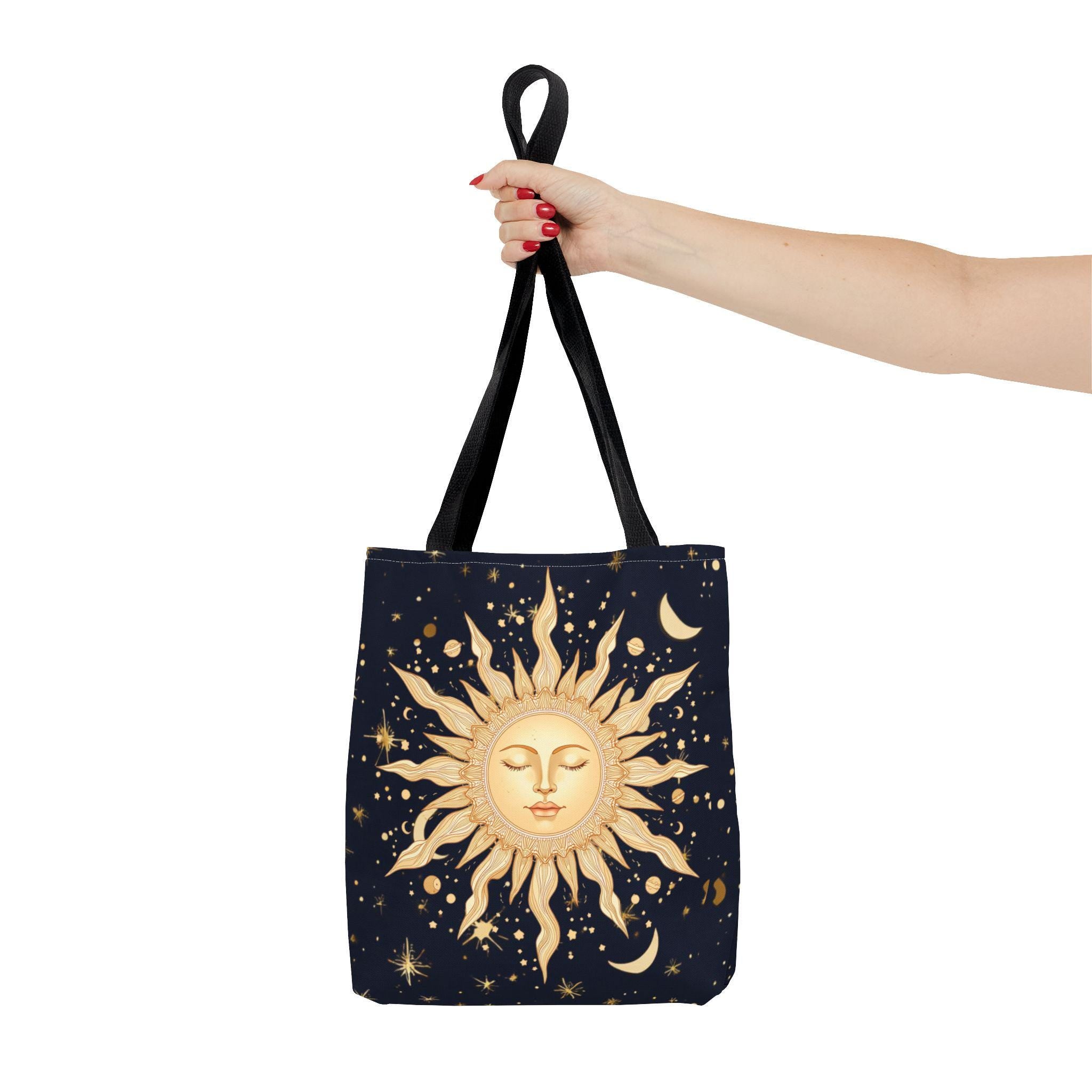 Celestial Sun Face Tote Bag | Night Sky Stars Moon Pattern