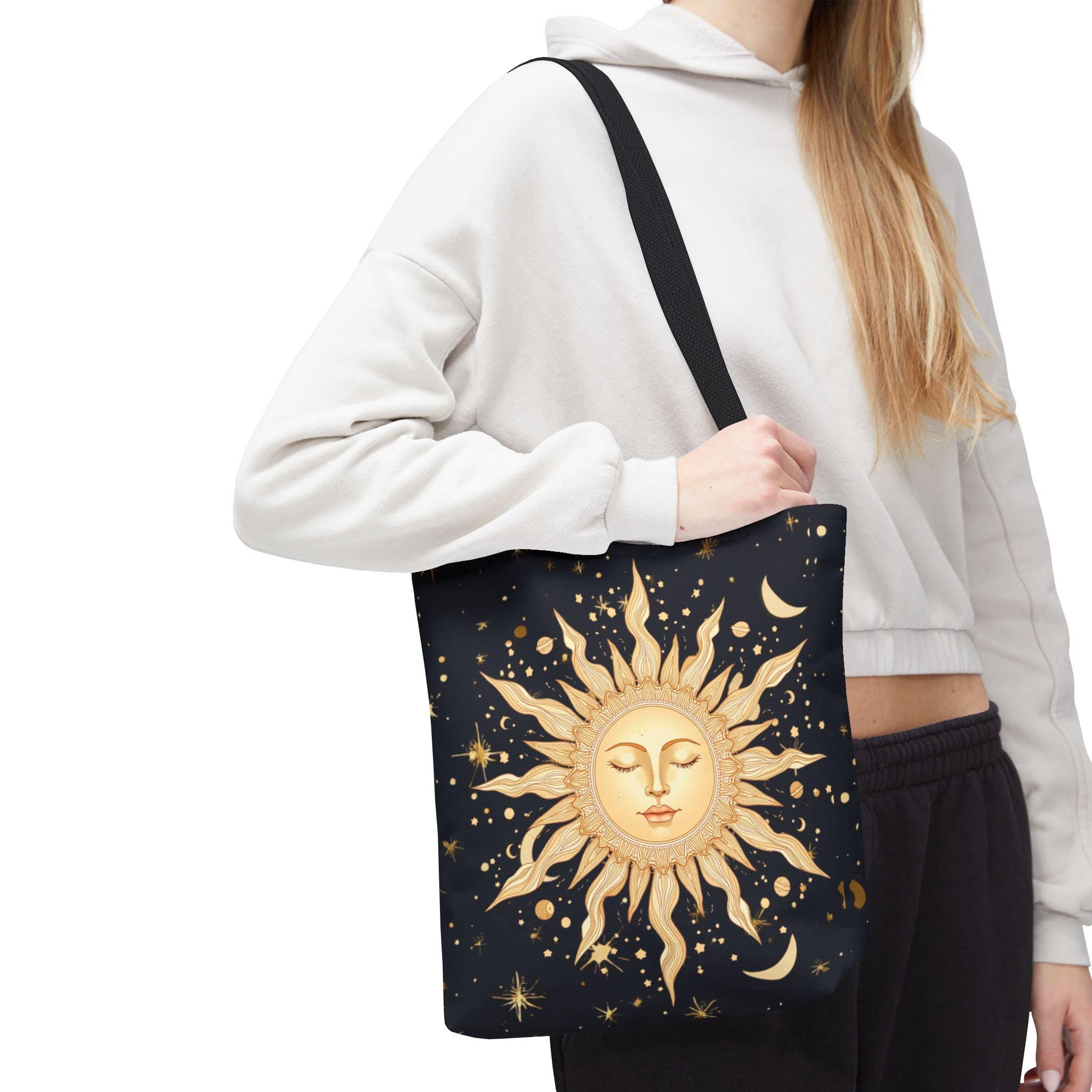 Celestial Sun Face Tote Bag | Night Sky Stars Moon Pattern