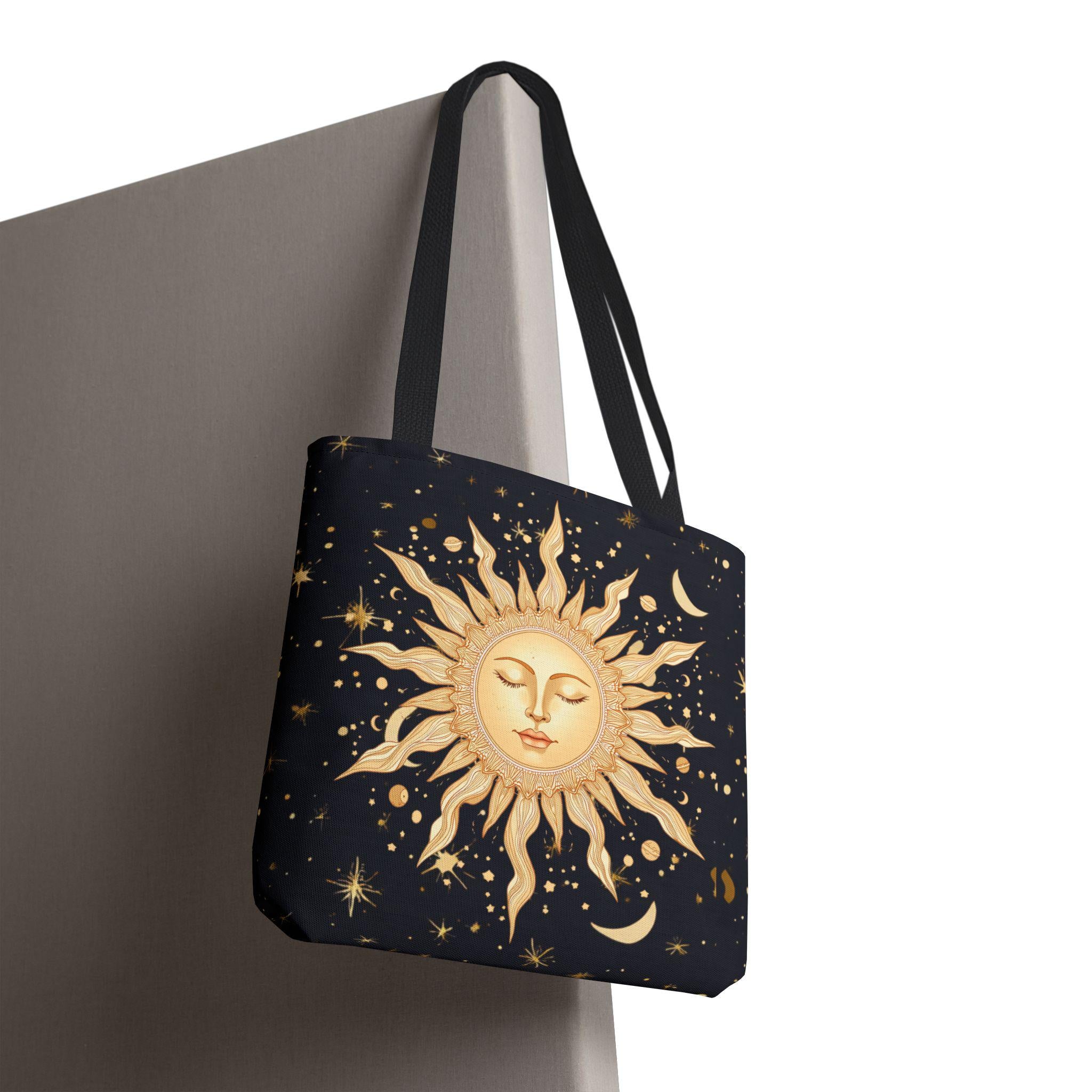Celestial Sun Face Tote Bag | Night Sky Stars Moon Pattern