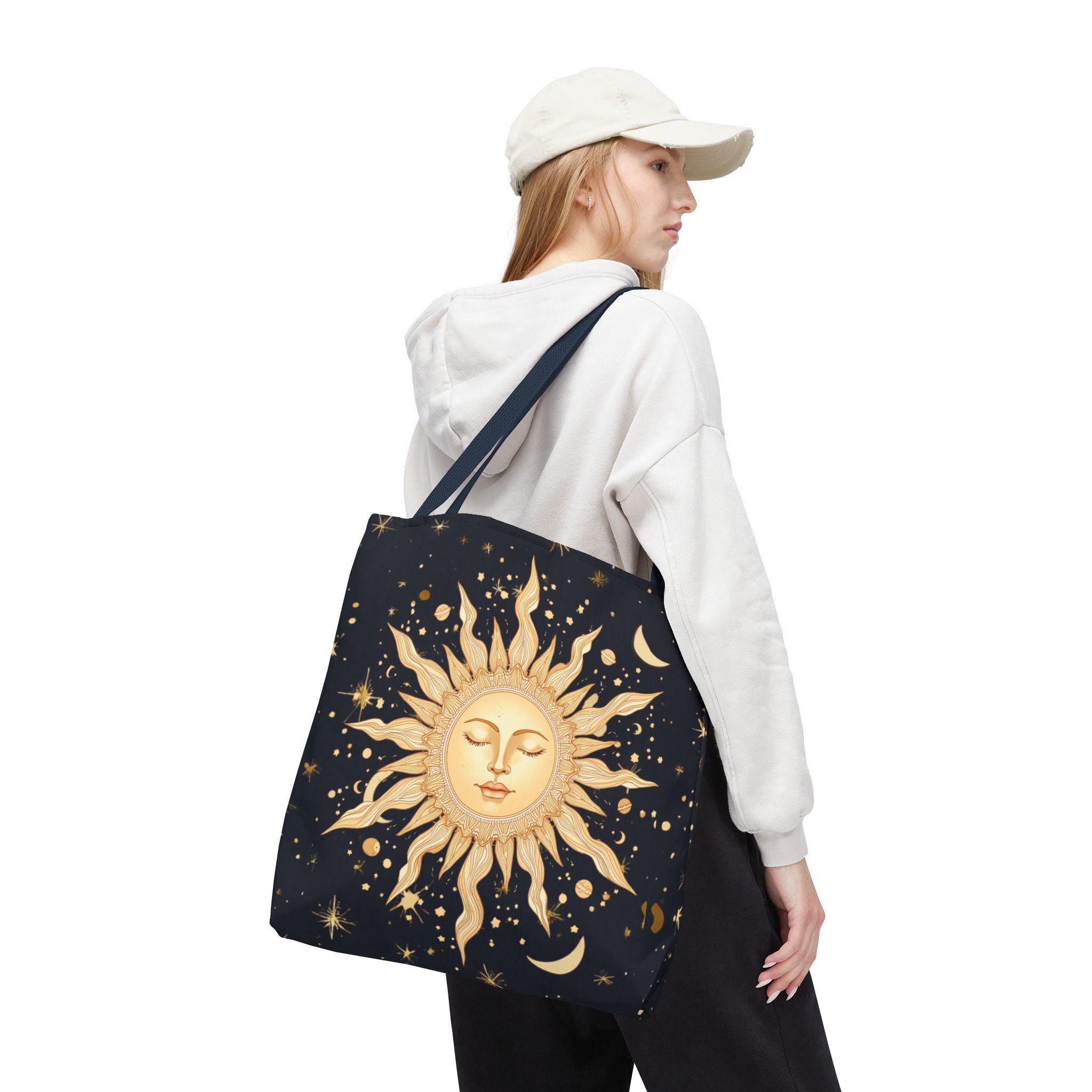 Celestial Sun Face Tote Bag | Night Sky Stars Moon Pattern
