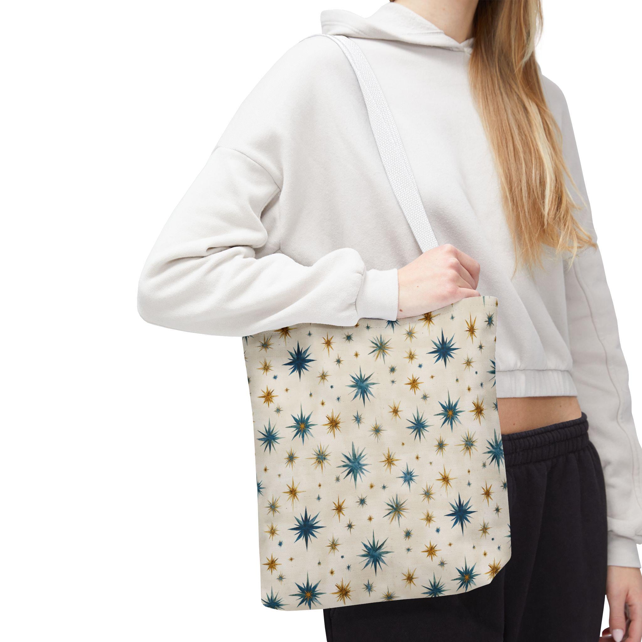 Midcentury Starburst Pattern Tote Bag | Retro Atomic Stars All-Over Print