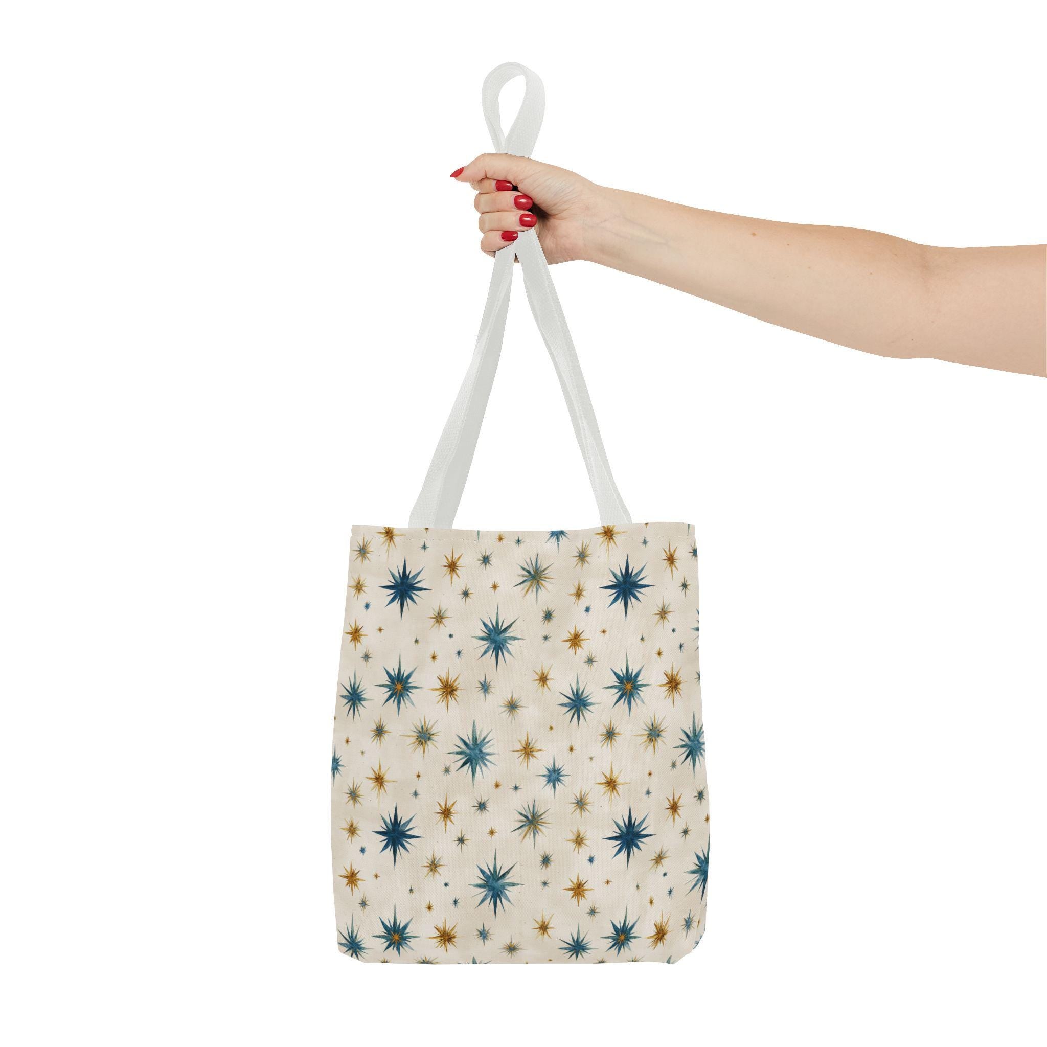 Midcentury Starburst Pattern Tote Bag | Retro Atomic Stars All-Over Print