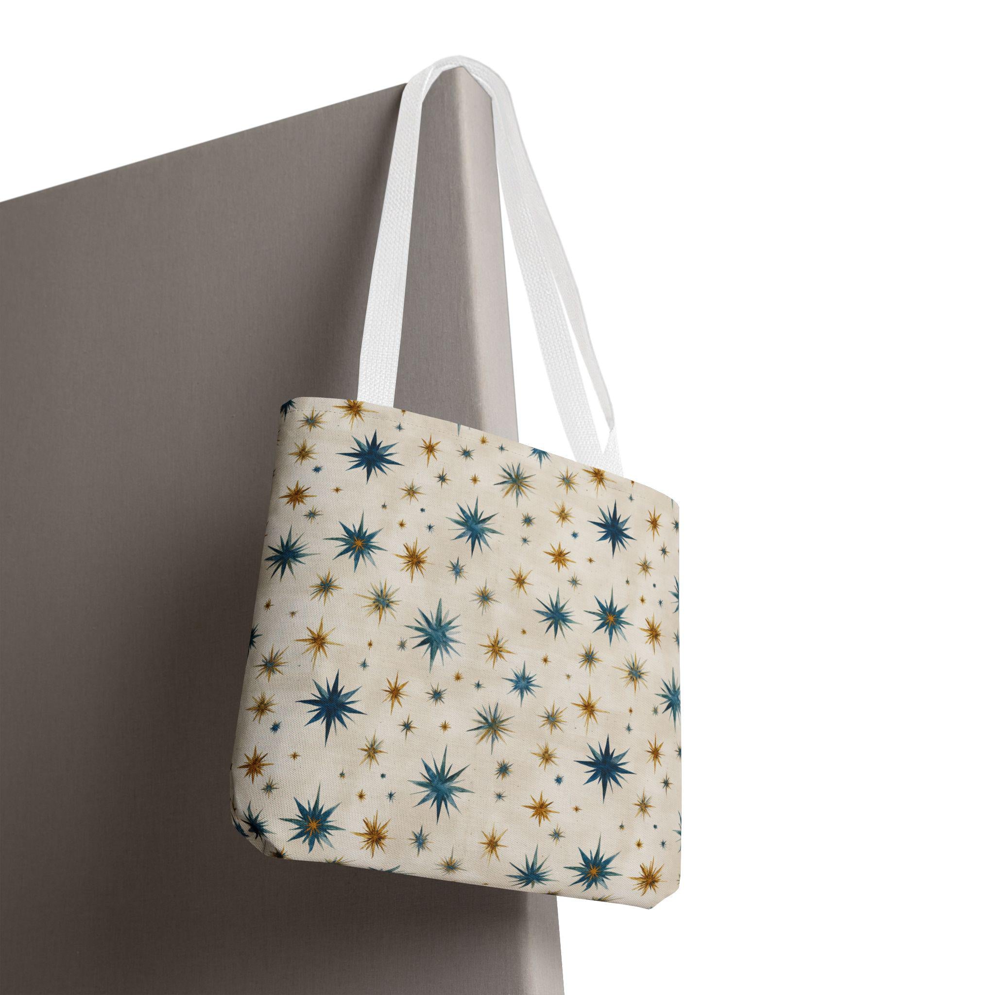Midcentury Starburst Pattern Tote Bag | Retro Atomic Stars All-Over Print