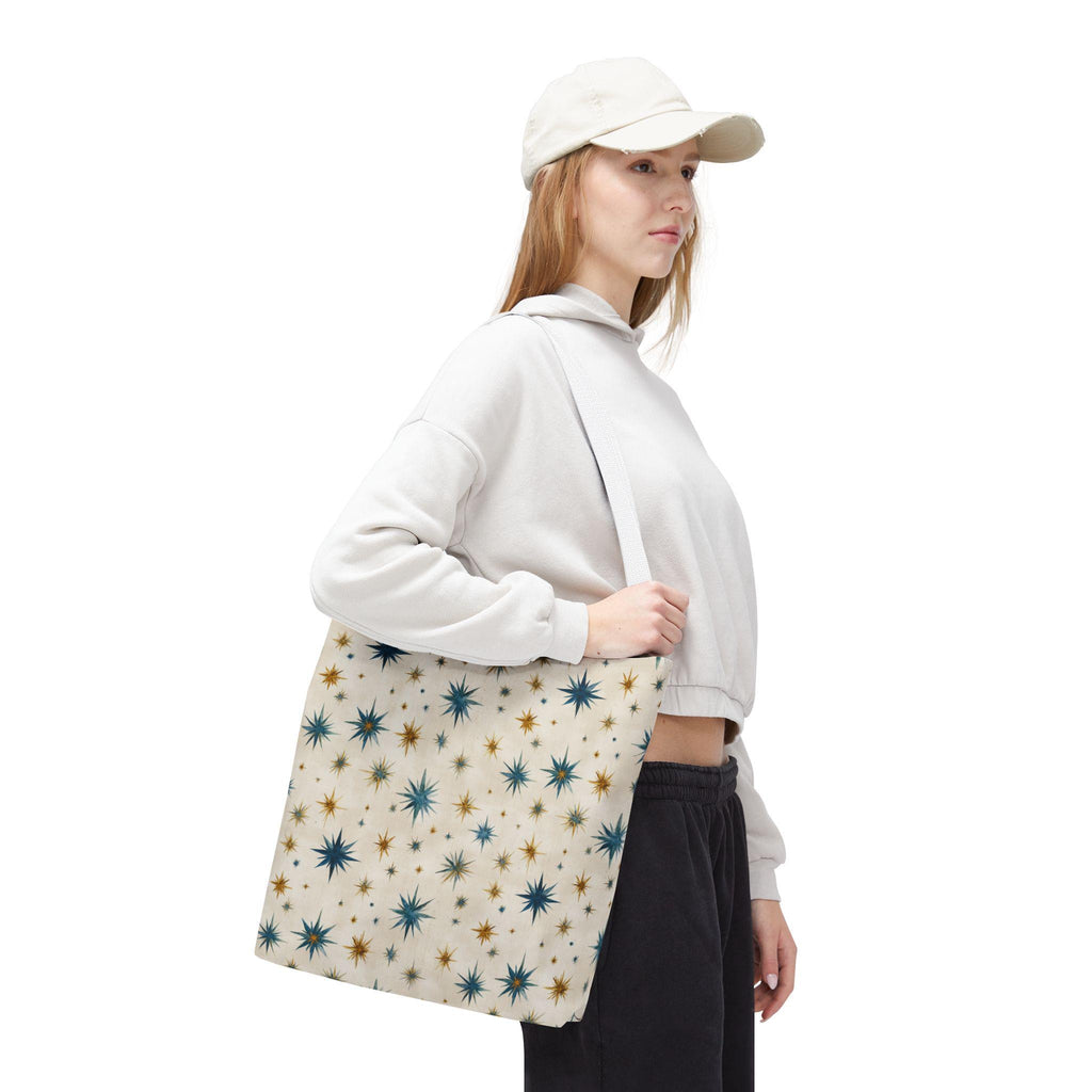 Midcentury Starburst Pattern Tote Bag | Retro Atomic Stars All-Over Print