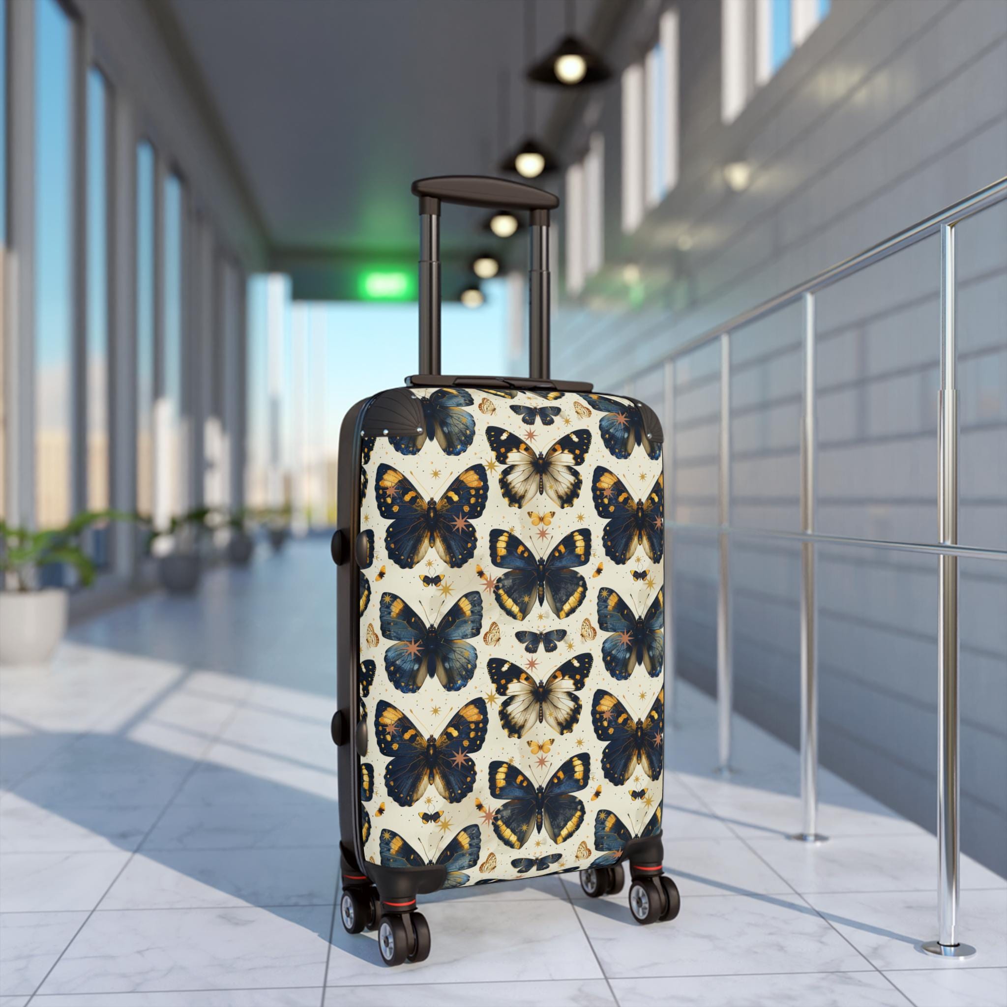 Vintage Butterfly Print Carry On Suitcase | Blue Gold Spinner Luggage