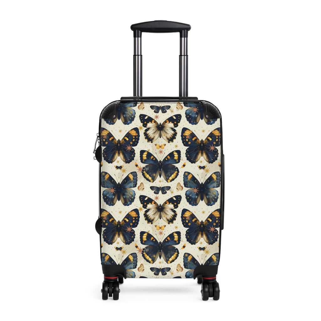 Vintage Butterfly Print Carry On Suitcase | Blue Gold Spinner Luggage
