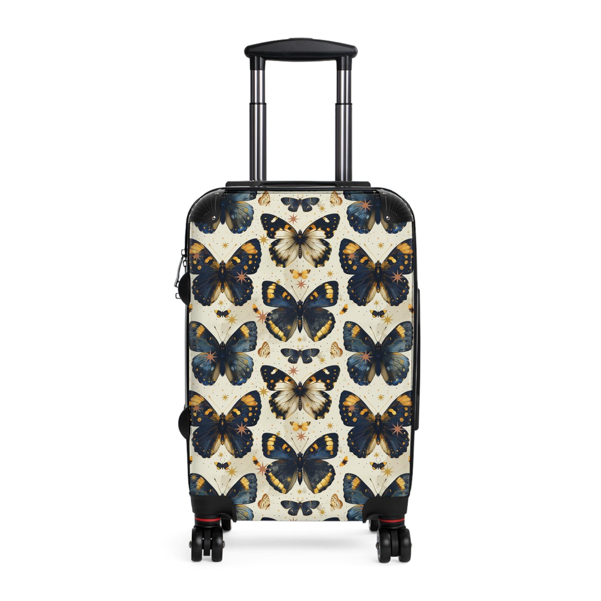 Vintage Butterfly Print Carry On Suitcase | Blue Gold Spinner Luggage