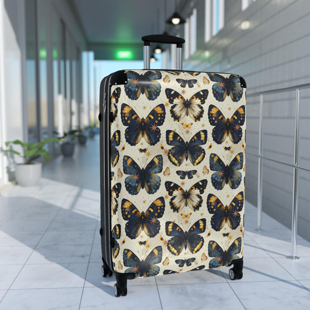 Vintage Butterfly Print Carry On Suitcase | Blue Gold Spinner Luggage