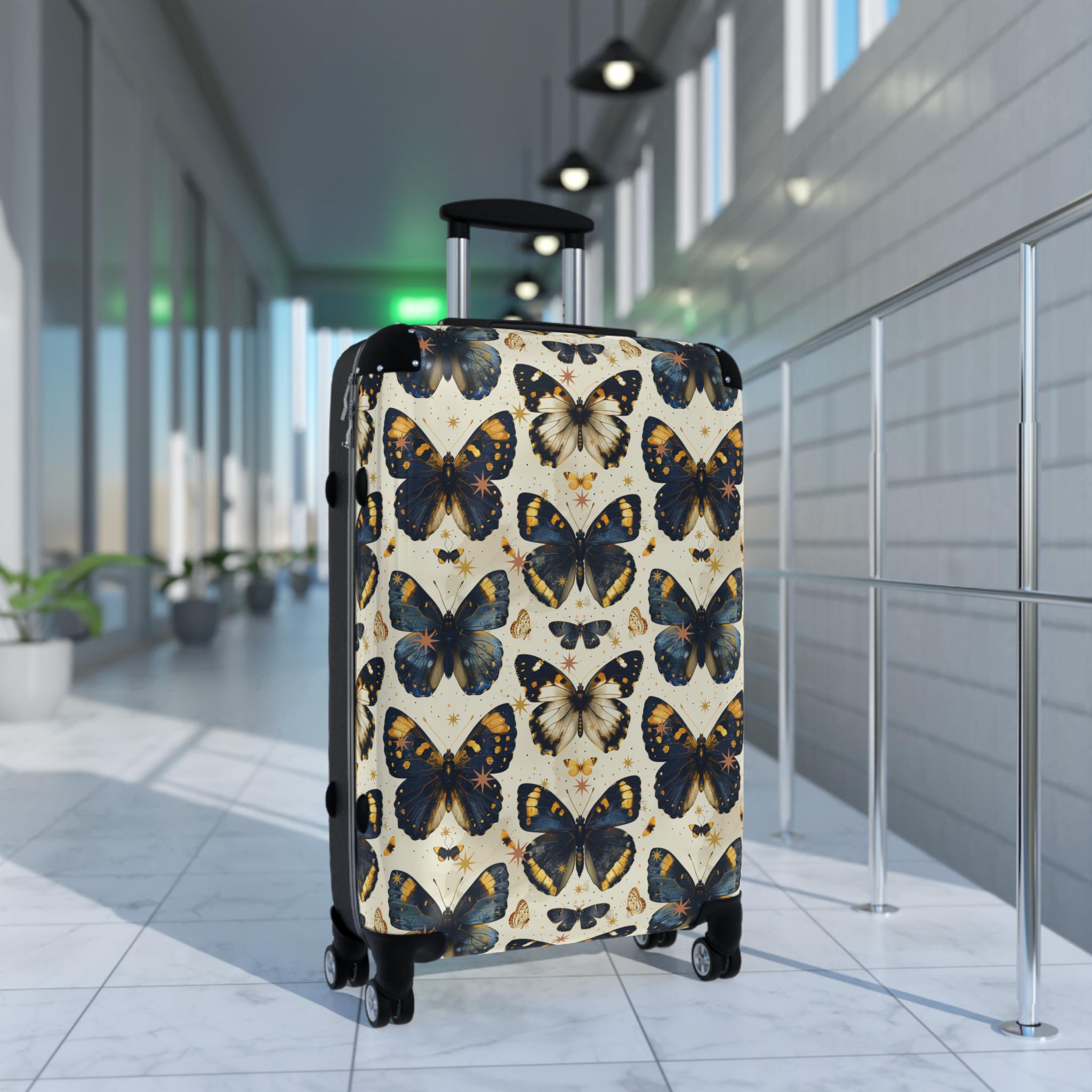 Vintage Butterfly Print Carry On Suitcase | Blue Gold Spinner Luggage