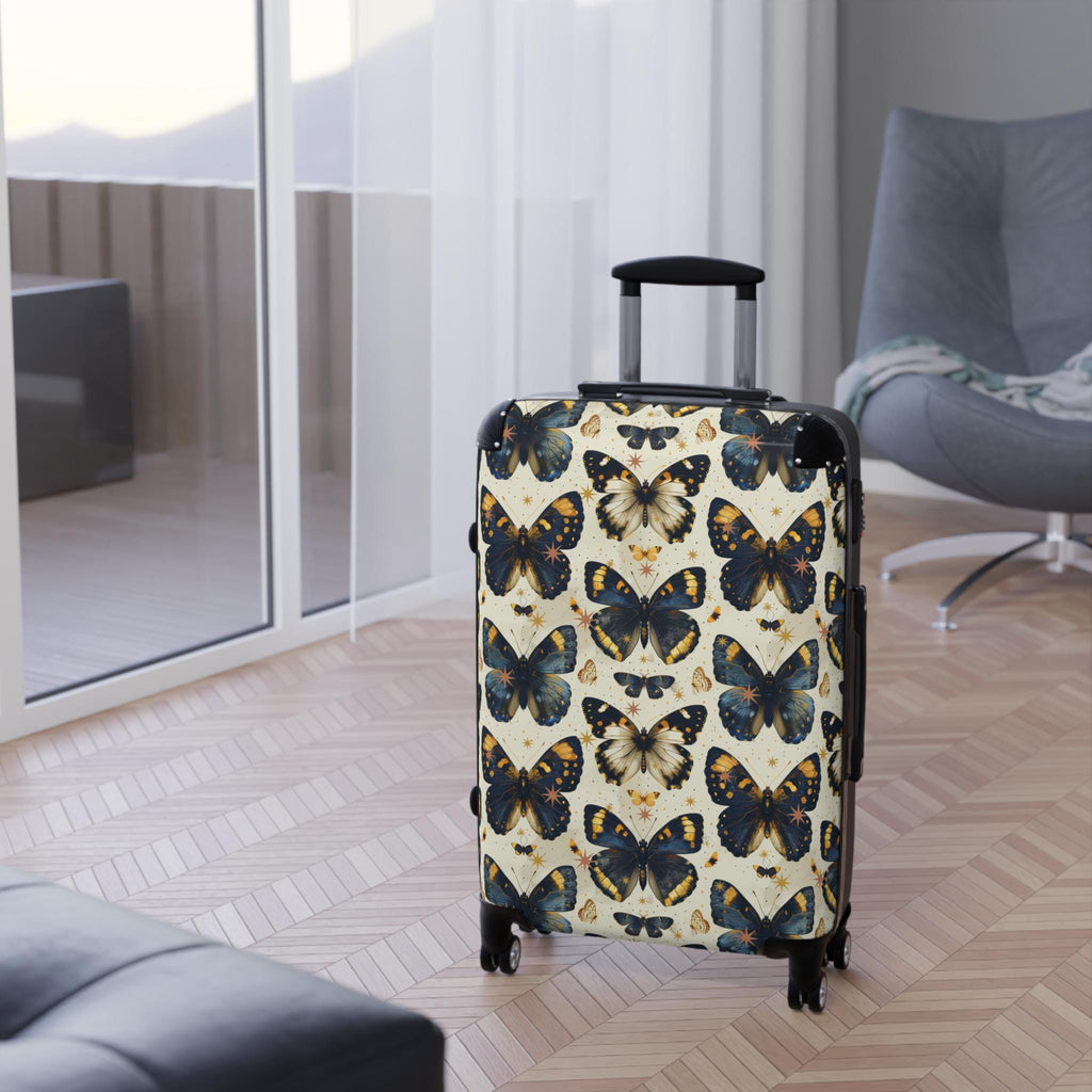 Vintage Butterfly Print Carry On Suitcase | Blue Gold Spinner Luggage