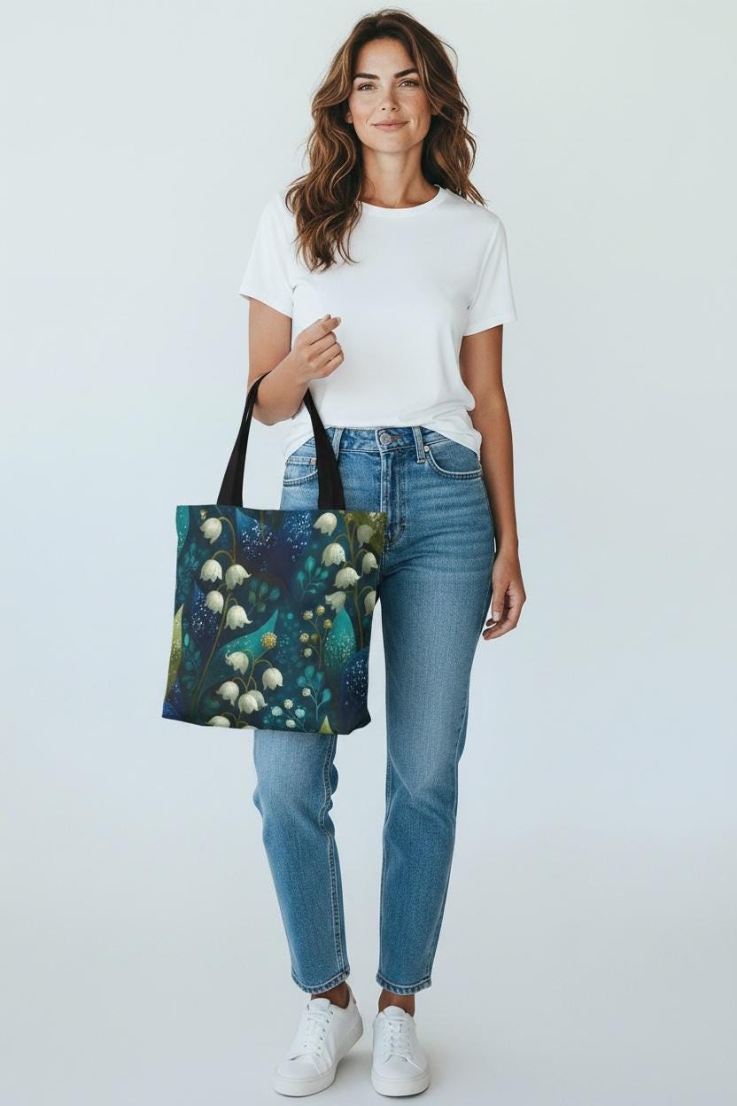 Lily of the Valley Tote Bag | Dark Botanical Cottagecore Floral Shoulder Bag