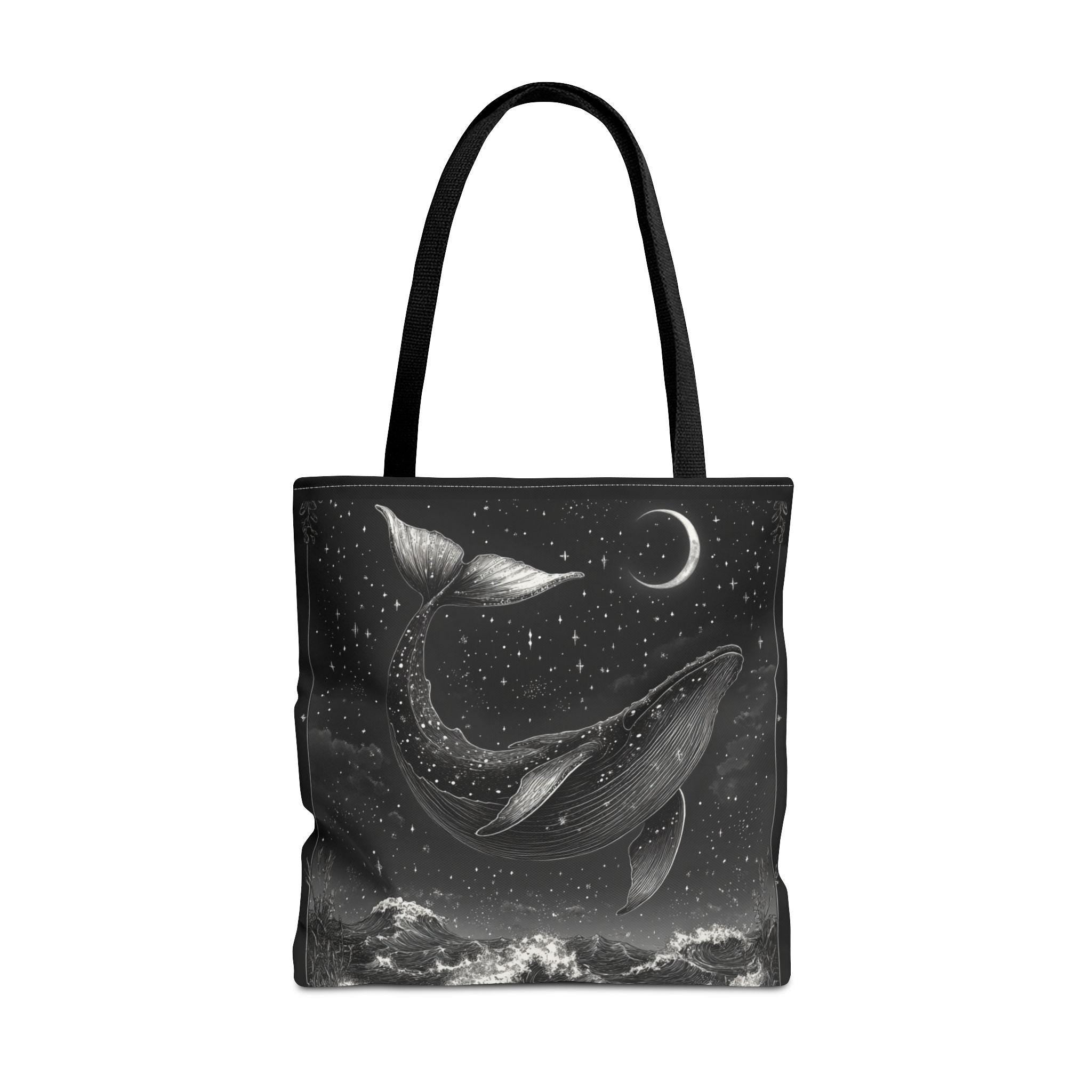 Moonlit Whale Celestial Ocean Tote Bag | Night Sky Illustration