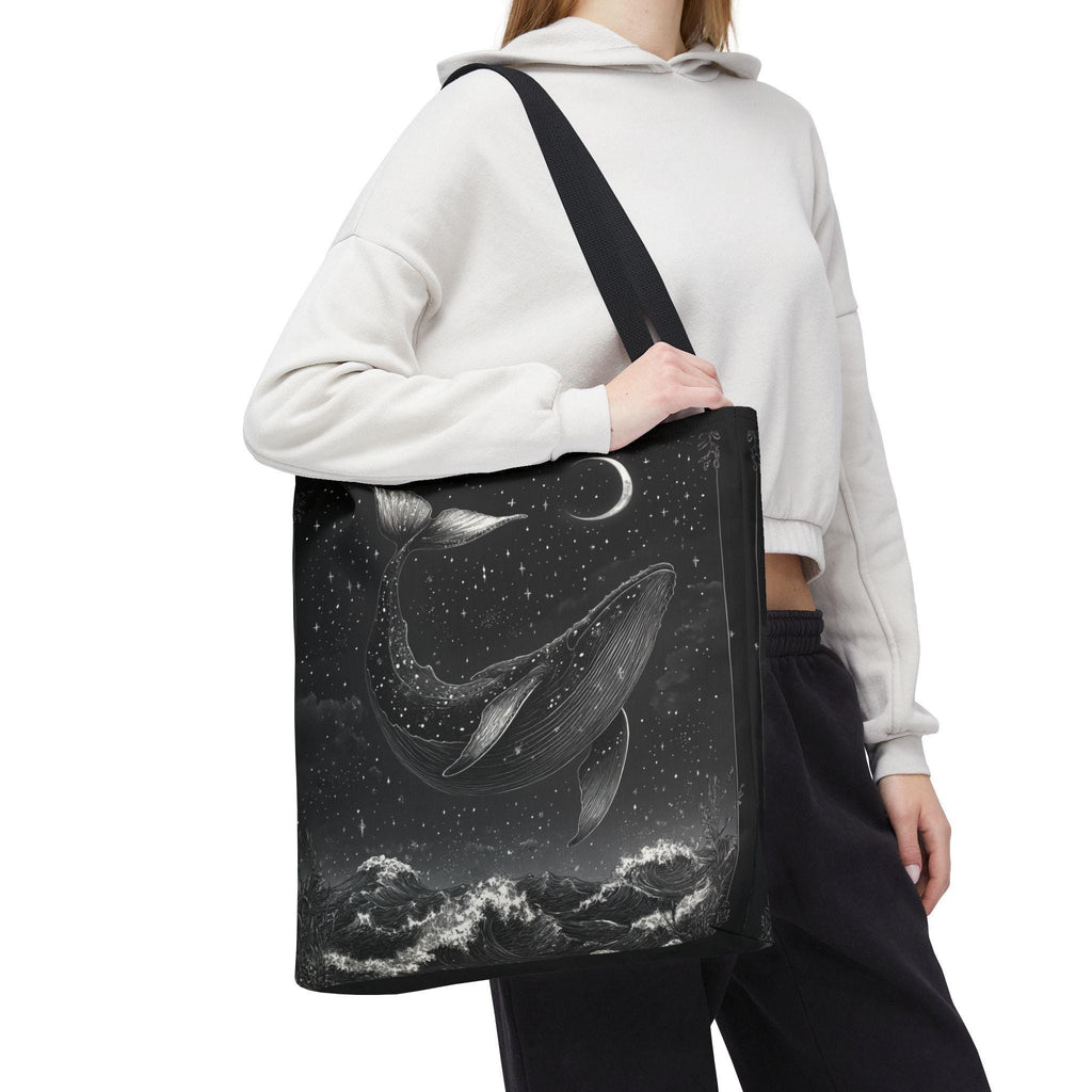 Moonlit Whale Celestial Ocean Tote Bag | Night Sky Illustration
