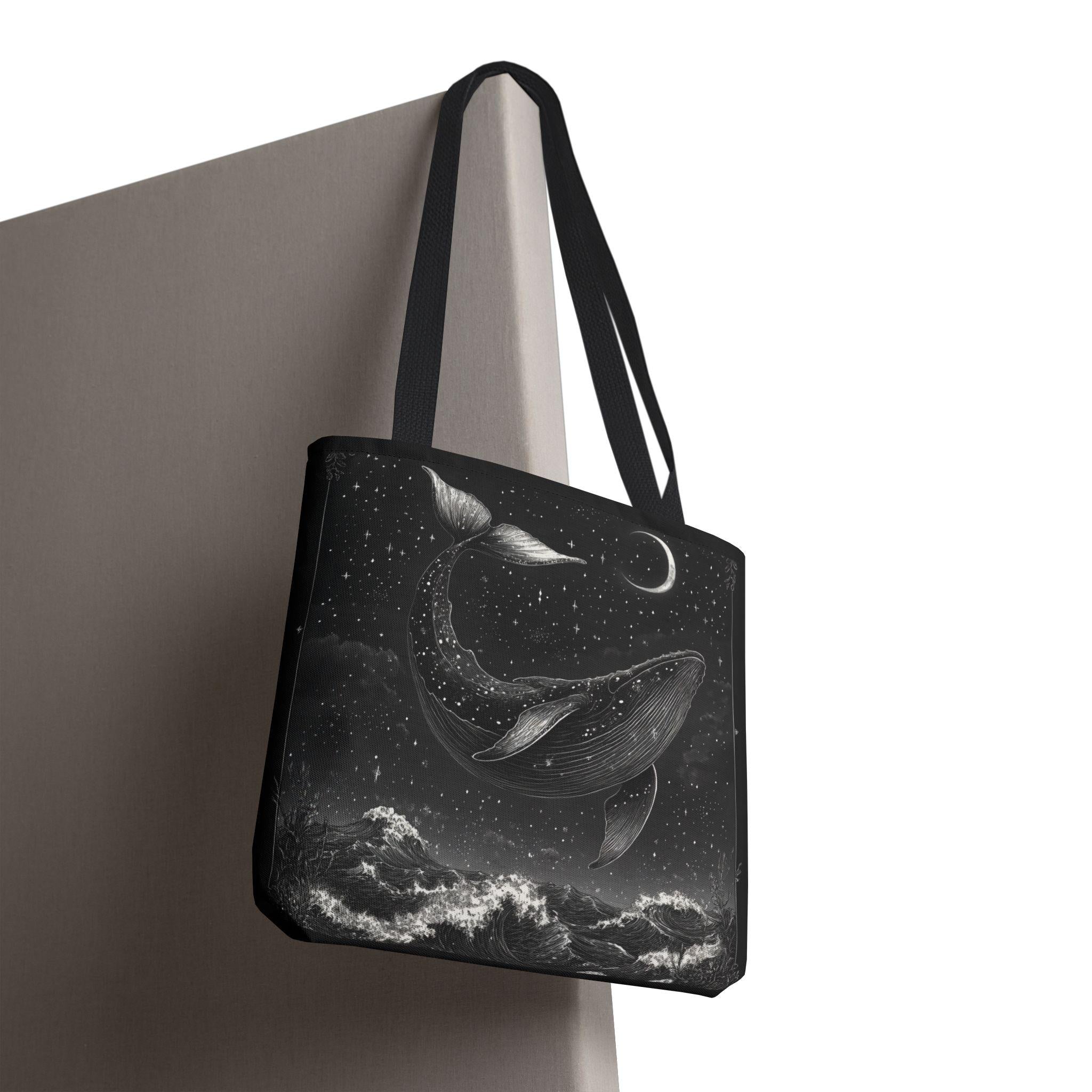 Moonlit Whale Celestial Ocean Tote Bag | Night Sky Illustration
