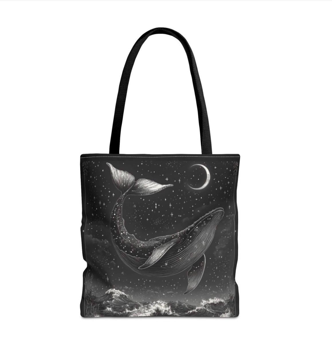 Moonlit Whale Celestial Ocean Tote Bag | Night Sky Illustration