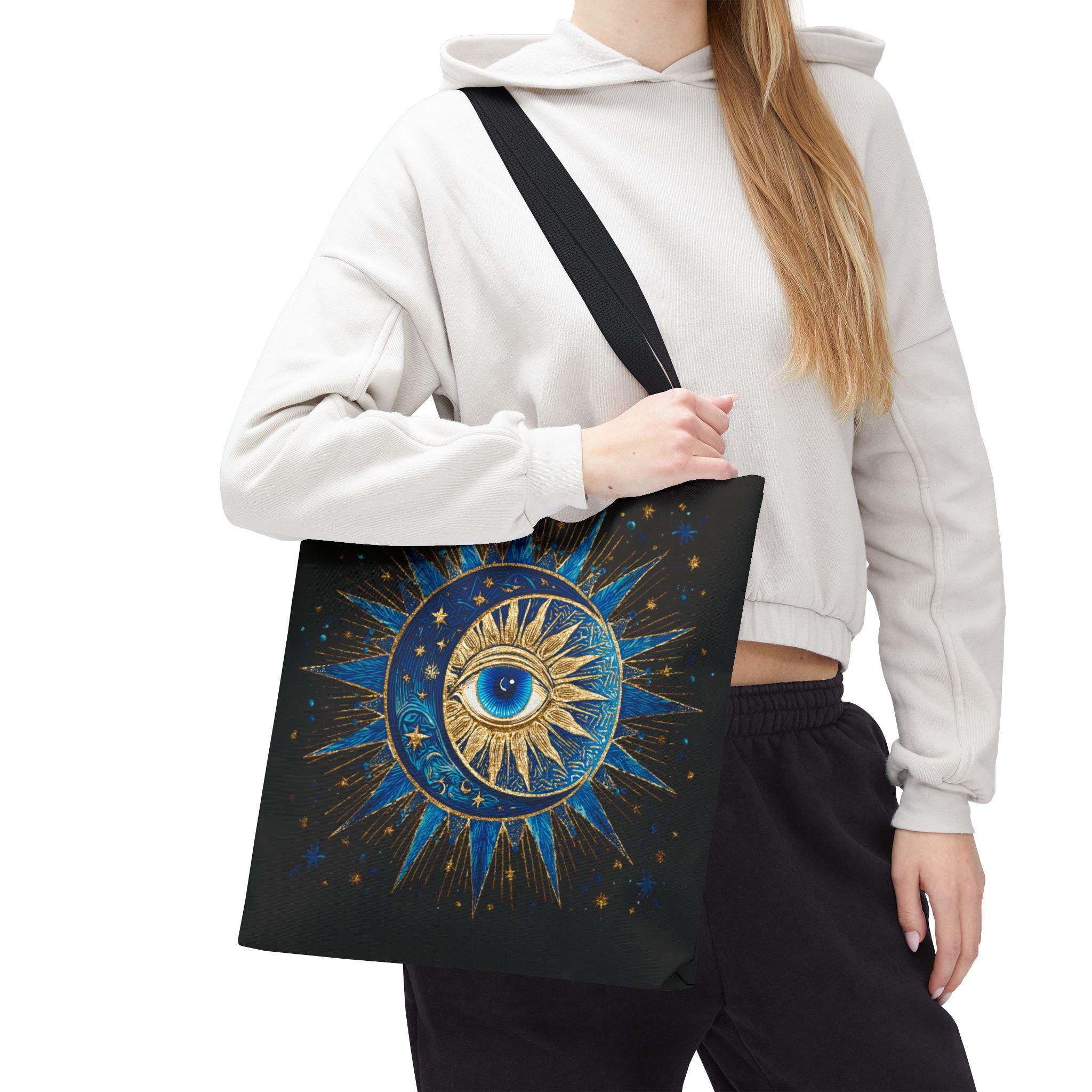 Witchy Tote Bag | Sun Moon Evil Eye Celestial Canvas Tote | Boho Spiritual Gift for Her