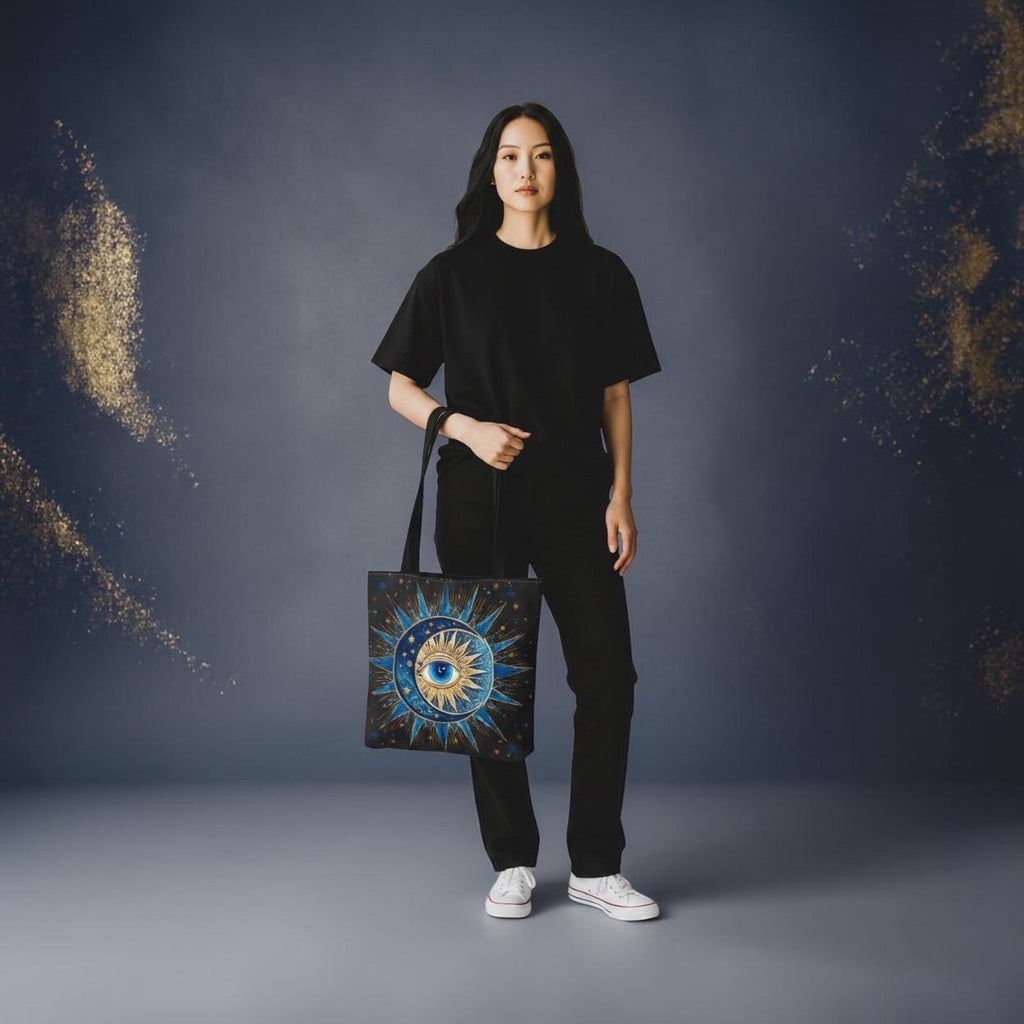 Witchy Tote Bag | Sun Moon Evil Eye Celestial Canvas Tote | Boho Spiritual Gift for Her