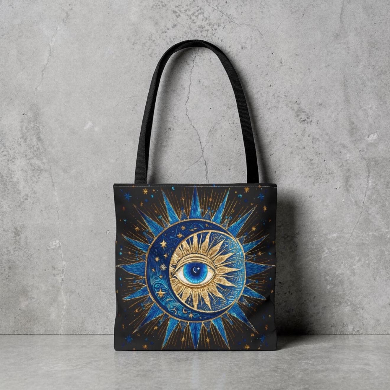 Witchy Tote Bag | Sun Moon Evil Eye Celestial Canvas Tote | Boho Spiritual Gift for Her