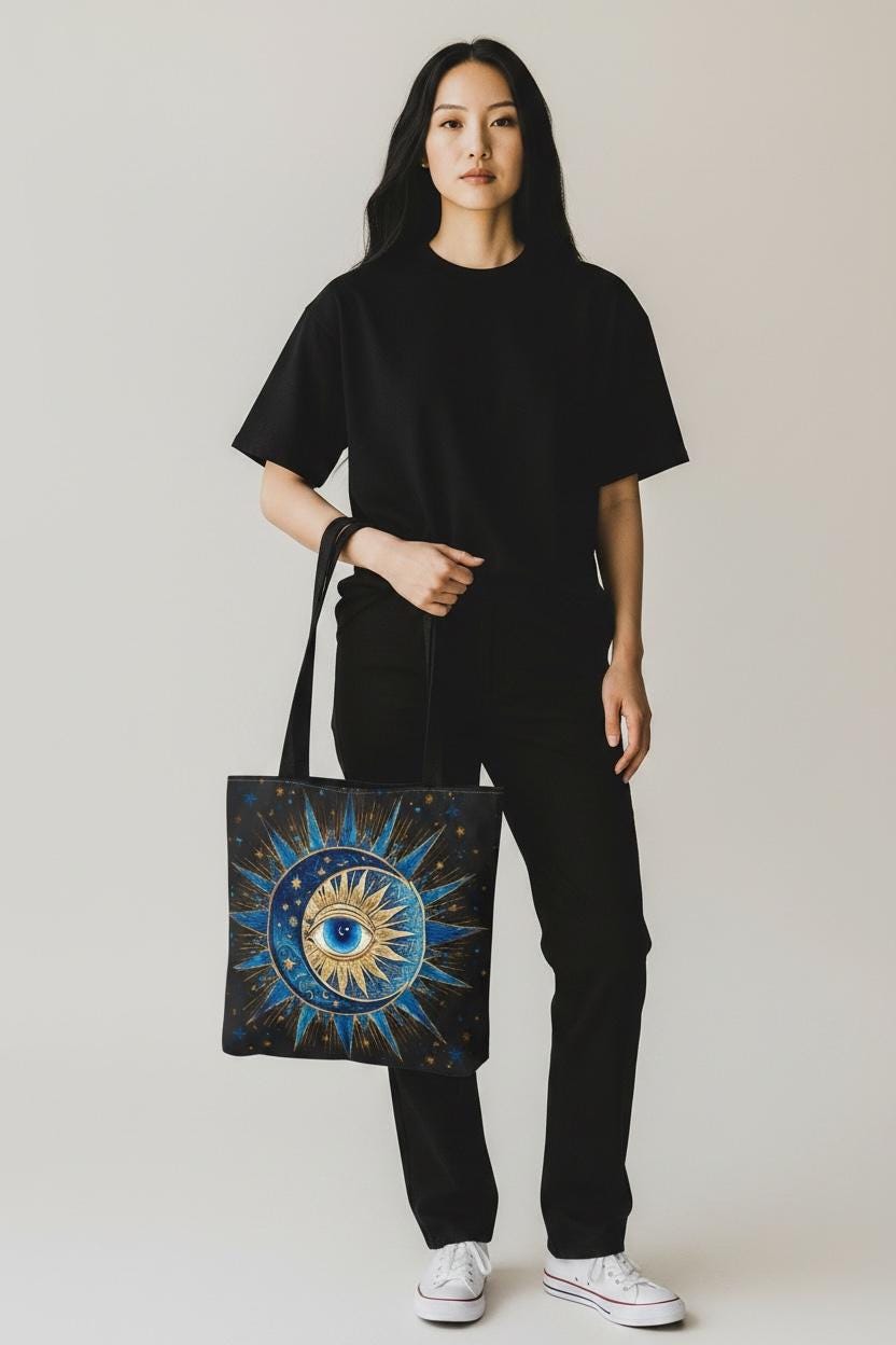 Witchy Tote Bag | Sun Moon Evil Eye Celestial Canvas Tote | Boho Spiritual Gift for Her