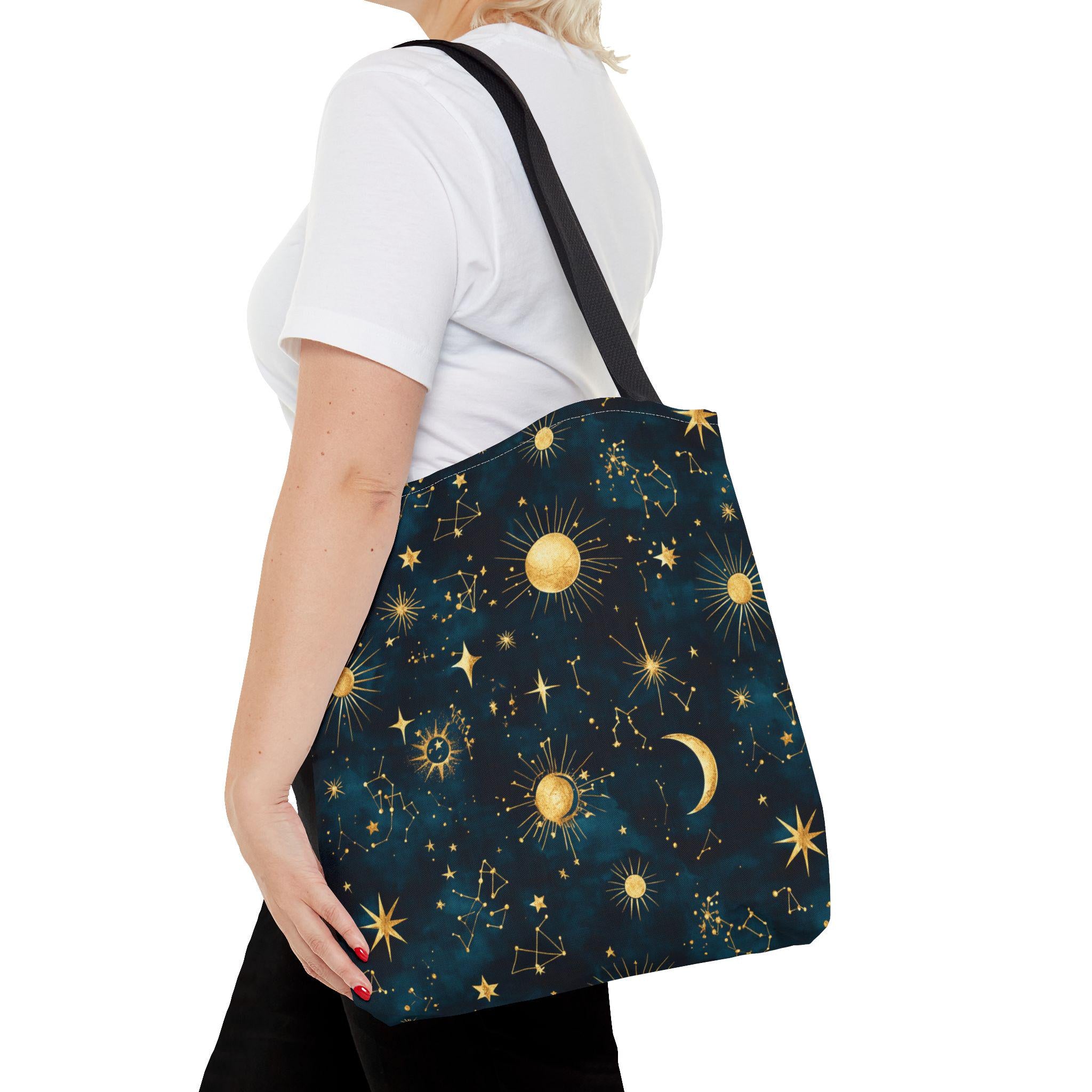 Golden Celestial Suns and Constellations Tote | Moon and Stars Night Sky