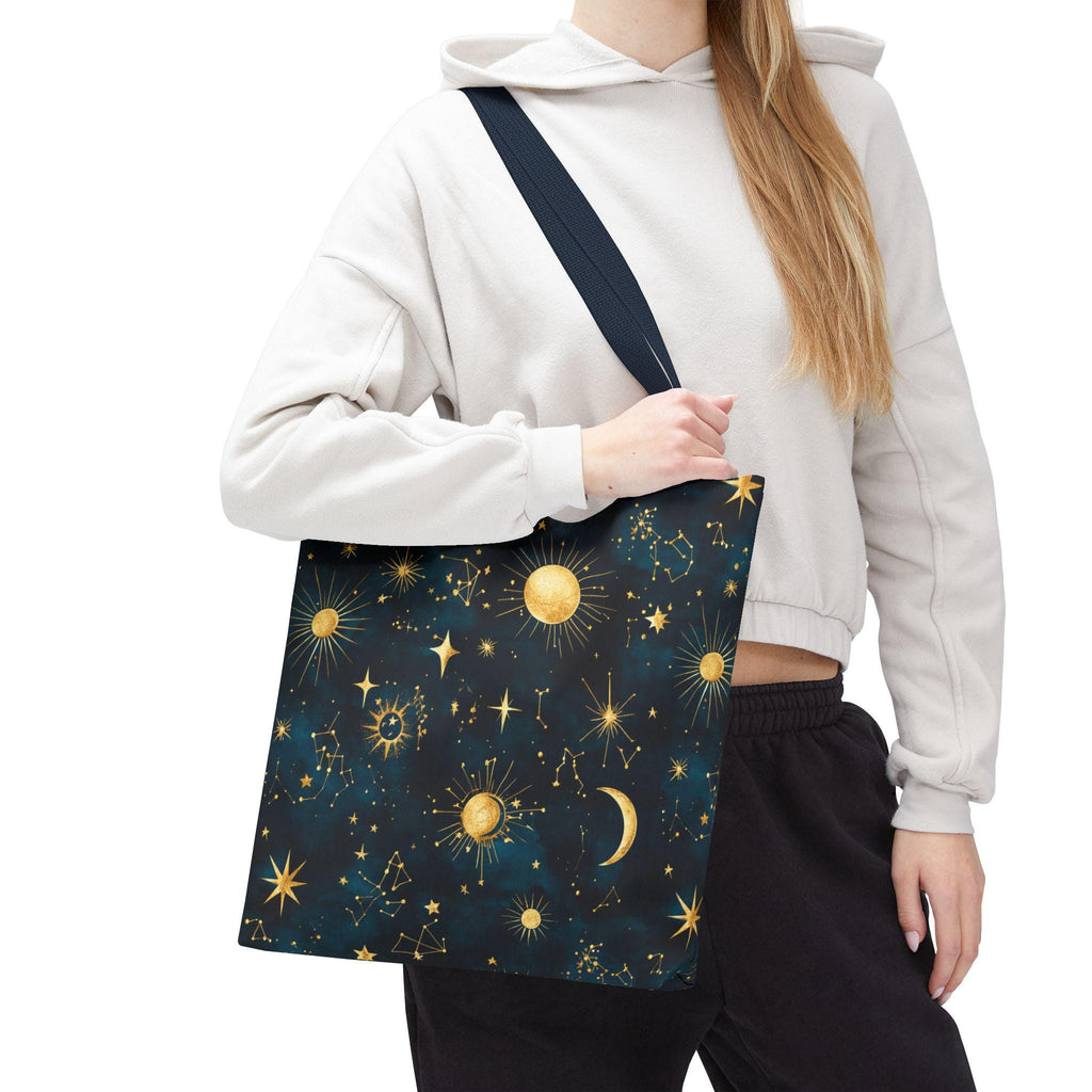 Golden Celestial Suns and Constellations Tote | Moon and Stars Night Sky