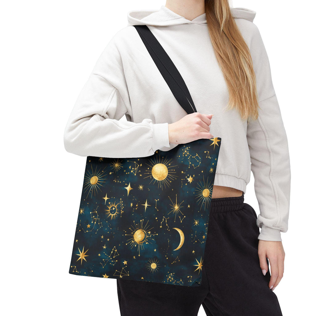 Golden Celestial Suns and Constellations Tote | Moon and Stars Night Sky