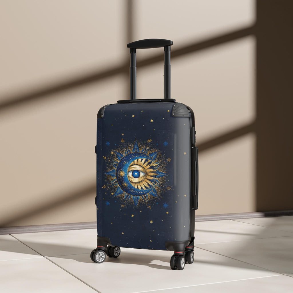 Celestial Sun and Moon Eye Suitcase | Mystical Travel Luggage, Starry Night Print