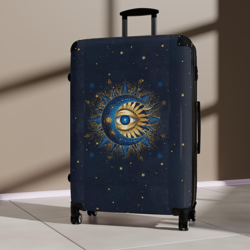 Celestial Sun and Moon Eye Suitcase | Mystical Travel Luggage, Starry Night Print