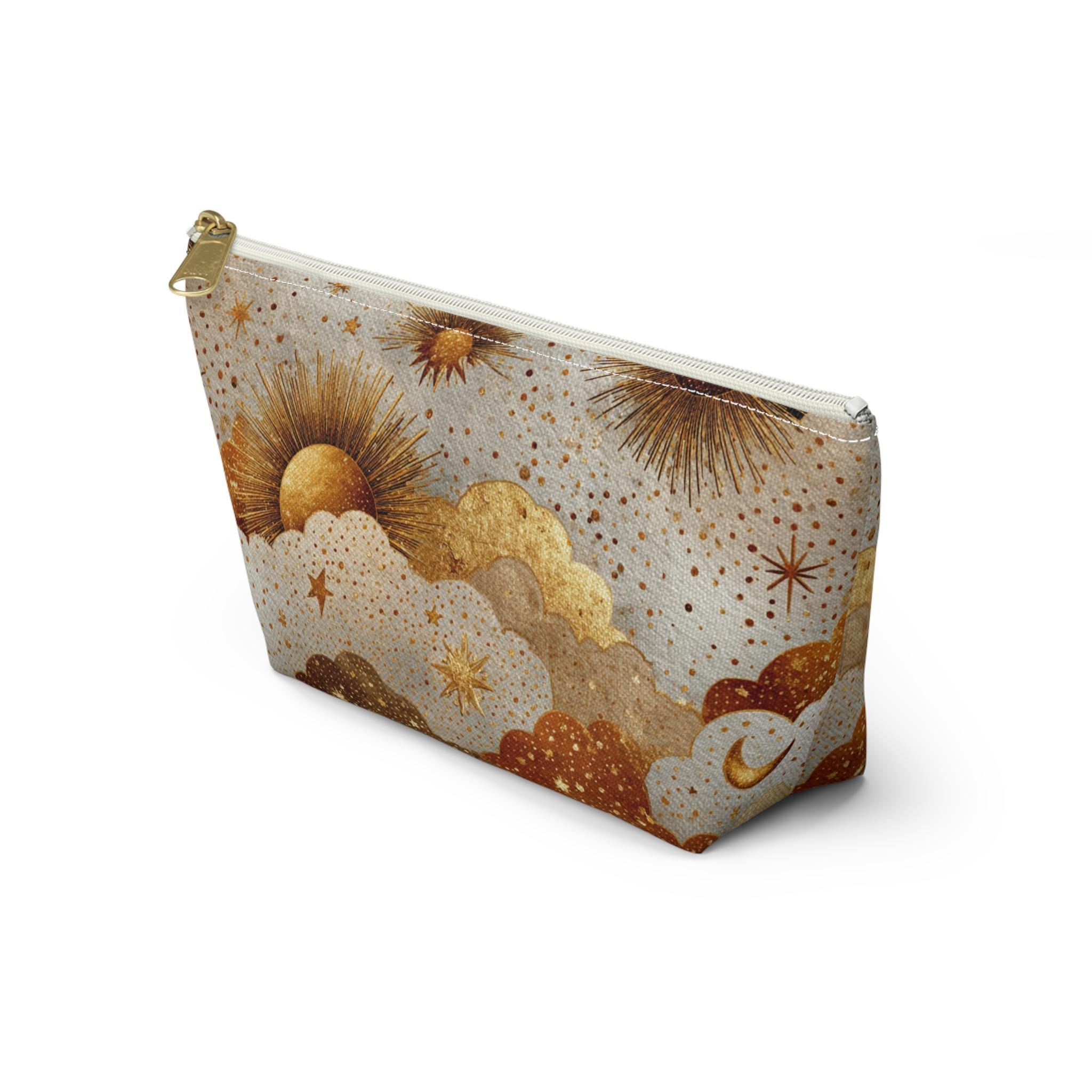 Celestial Sun Moon Clouds accessory pouch | T-bottom zipper cosmetics bag