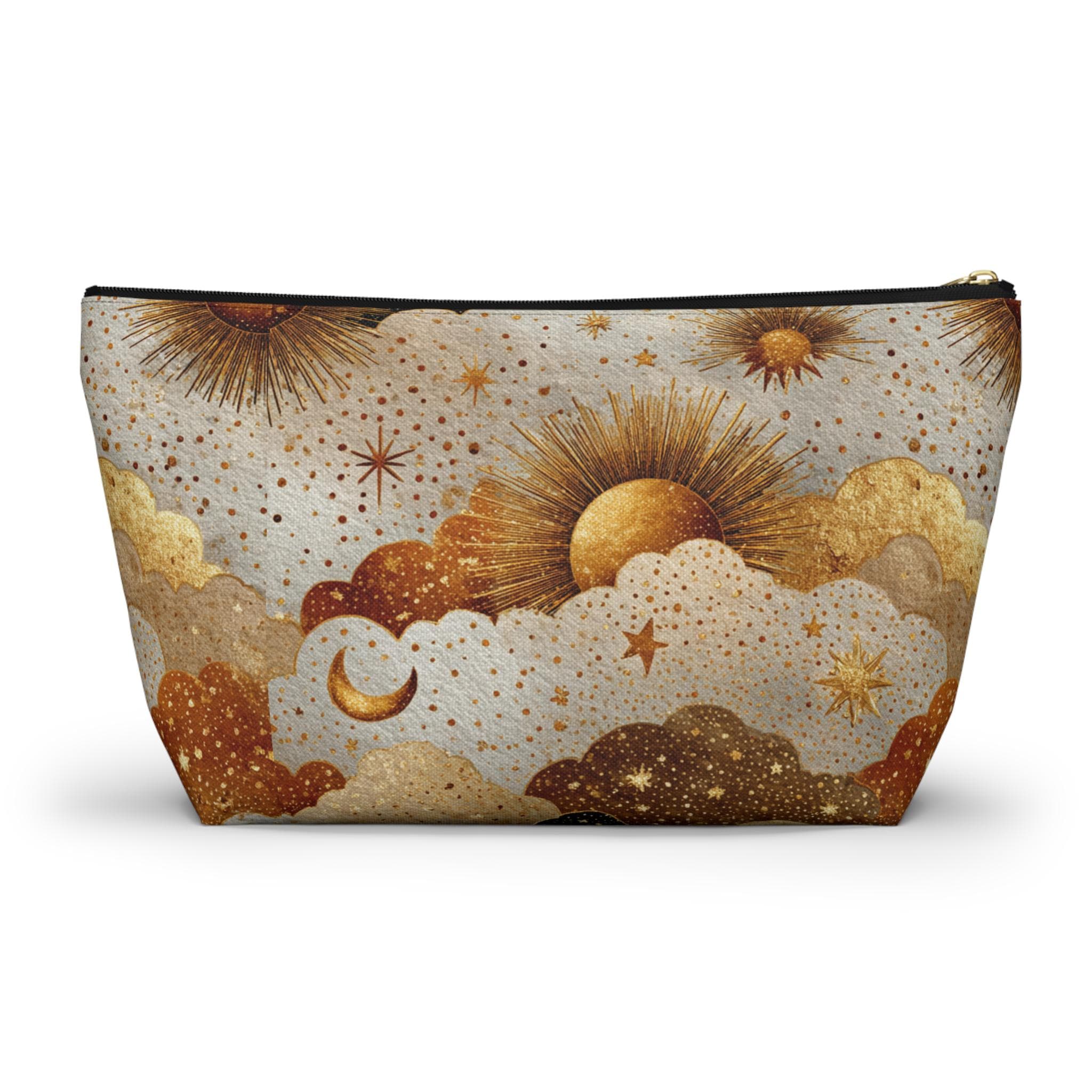 Celestial Sun Moon Clouds accessory pouch | T-bottom zipper cosmetics bag