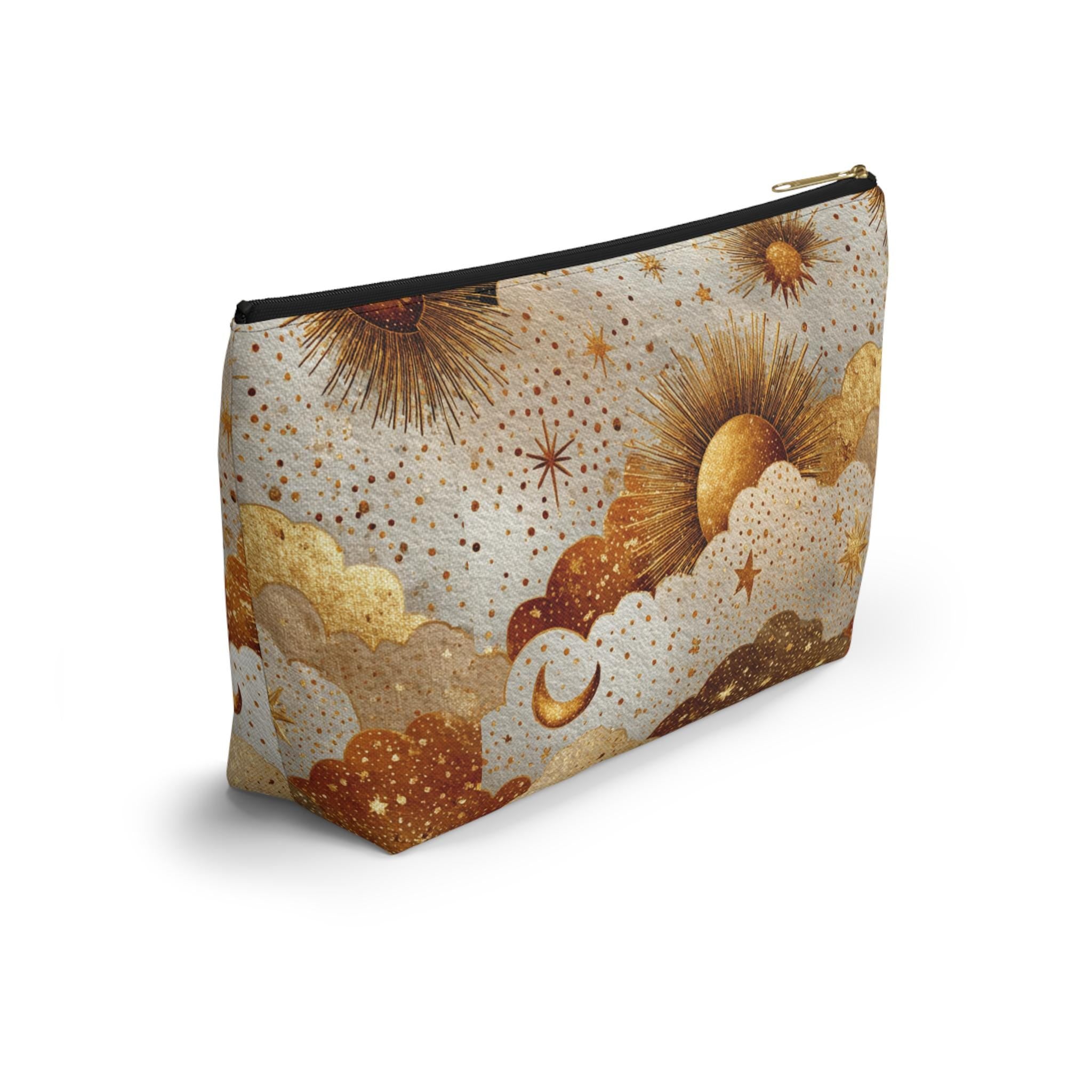 Celestial Sun Moon Clouds accessory pouch | T-bottom zipper cosmetics bag