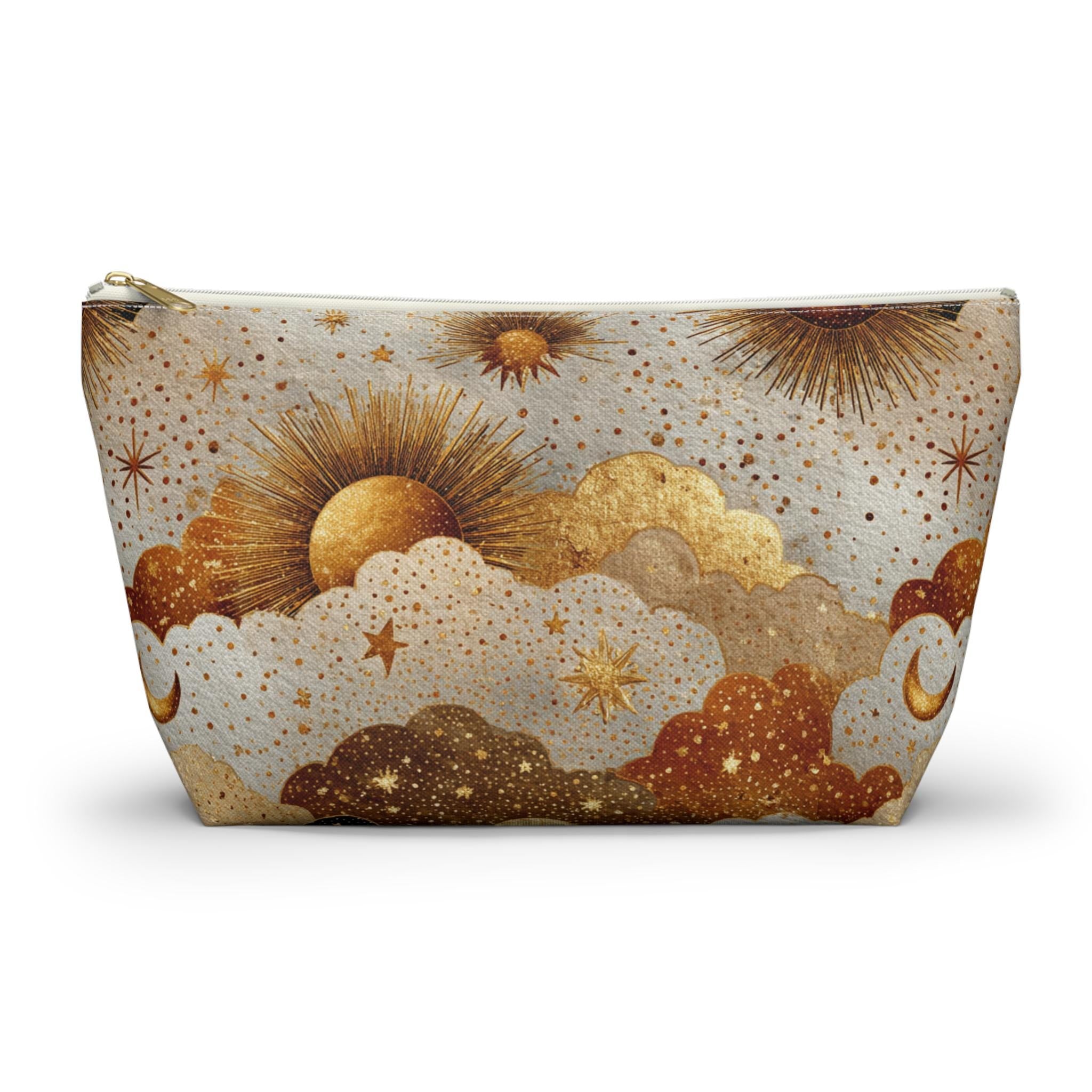Celestial Sun Moon Clouds accessory pouch | T-bottom zipper cosmetics bag