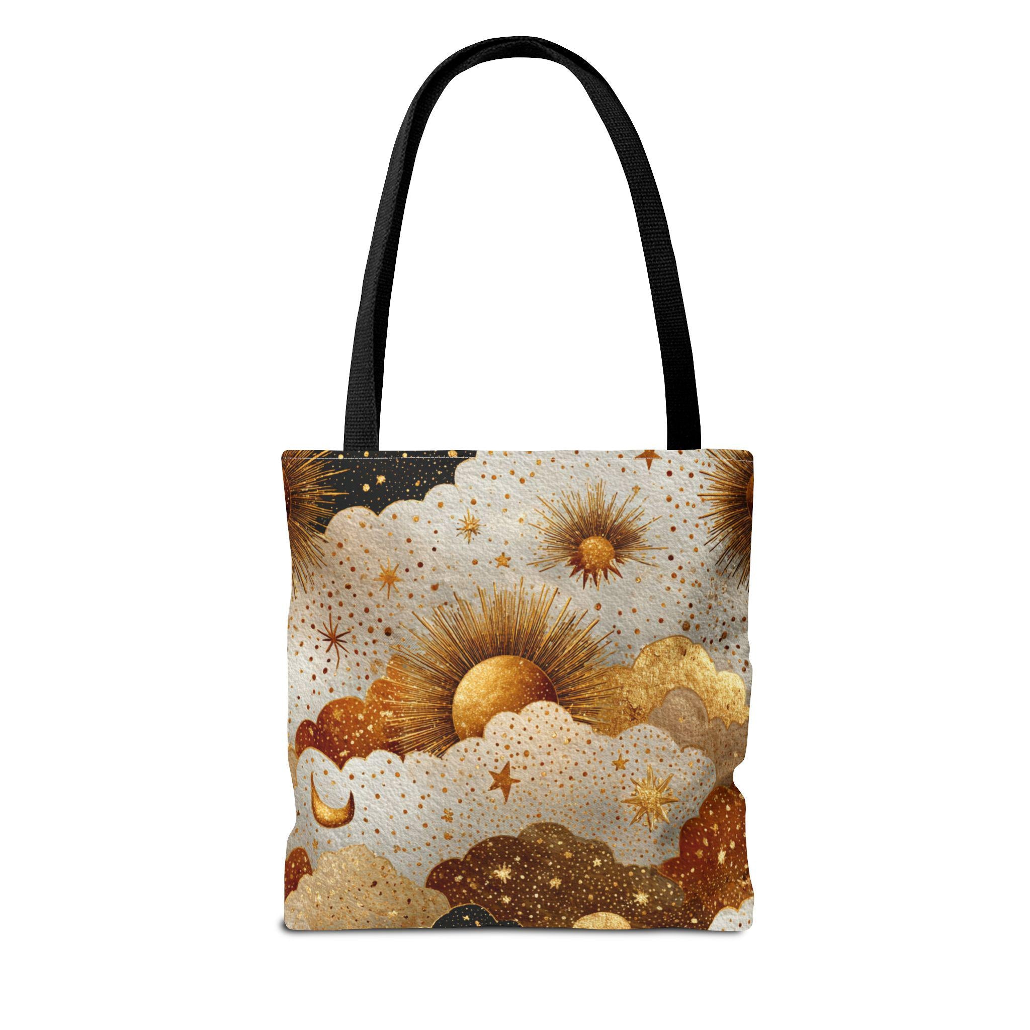 Celestial Sun Moon Cloud Tote Bag | Boho Witchy Cottagecore Mystical Gold