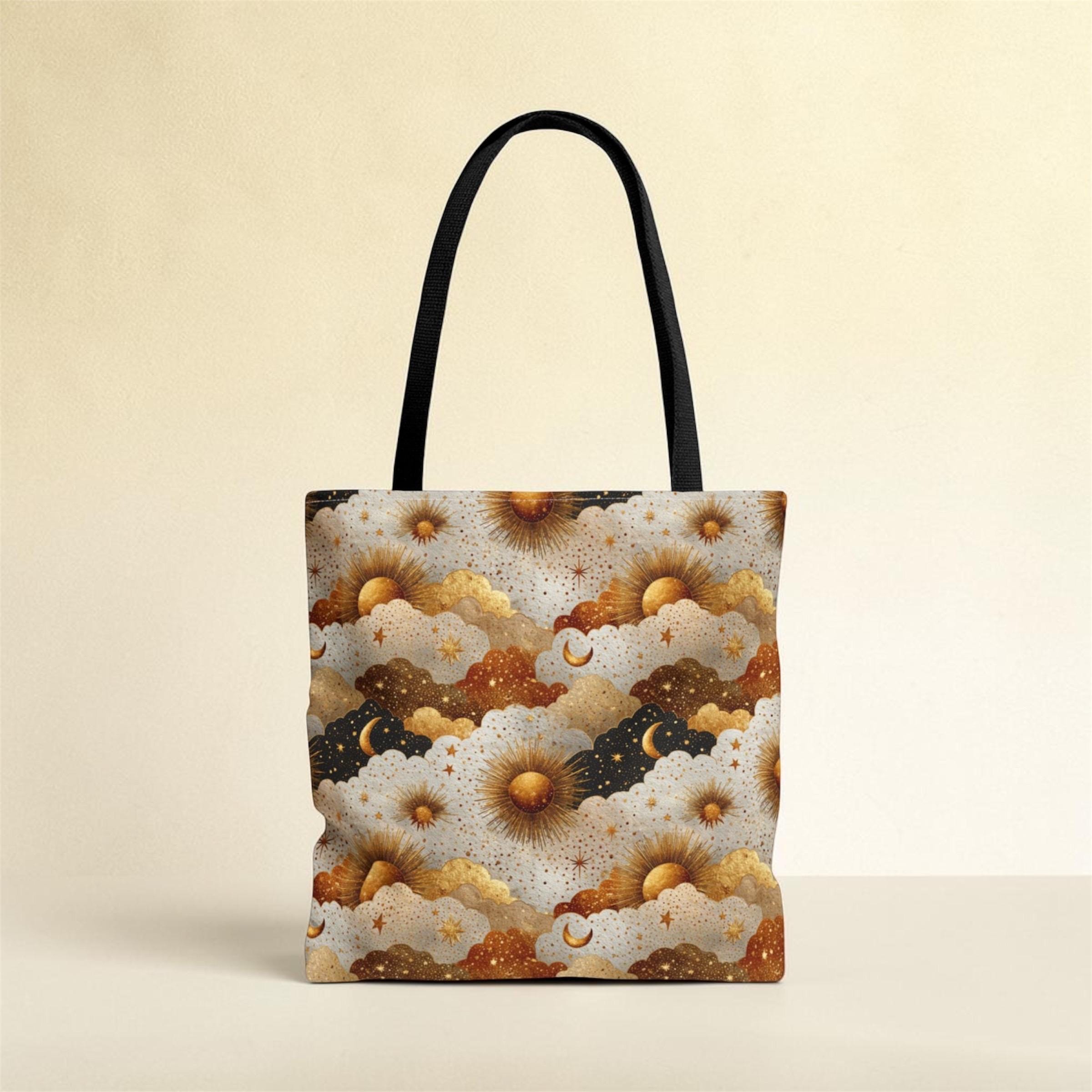 Celestial Sun Moon Cloud Tote Bag | Boho Witchy Cottagecore Mystical Gold