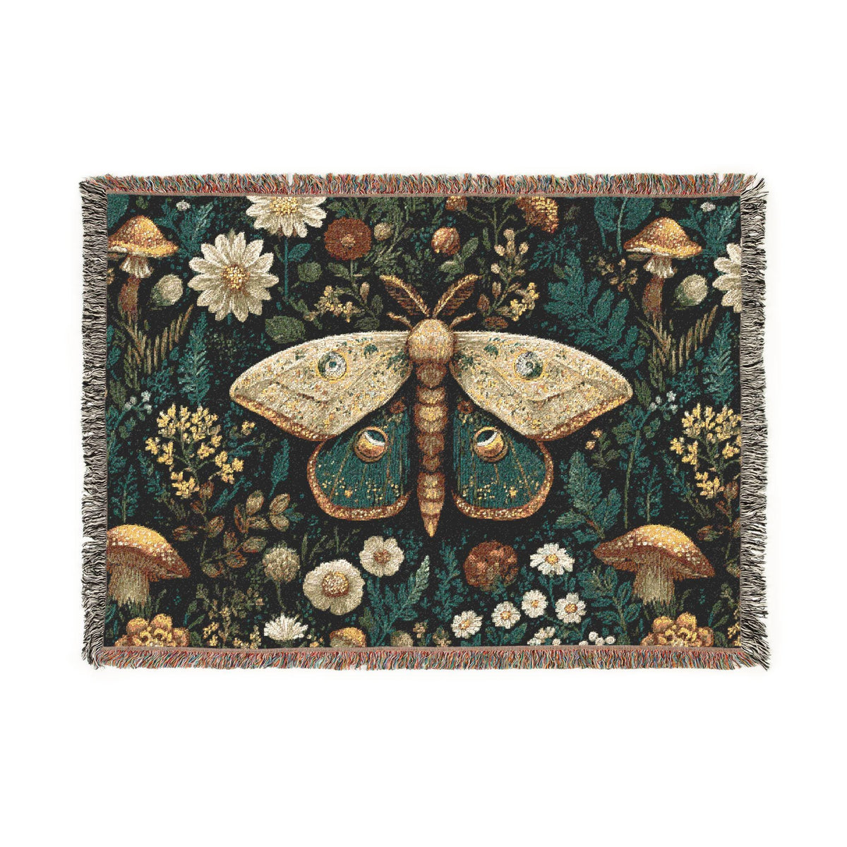 Vintage Moth Tapestry Woven Blanket | Floral Mushroom Boho Throw