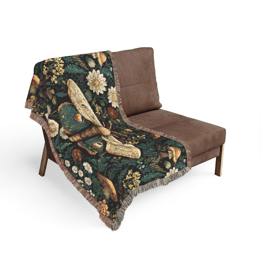 Vintage Moth Tapestry Woven Blanket | Floral Mushroom Boho Throw