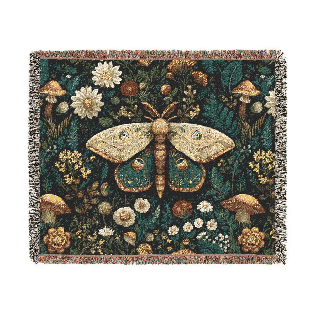 Vintage Moth Tapestry Woven Blanket | Floral Mushroom Boho Throw