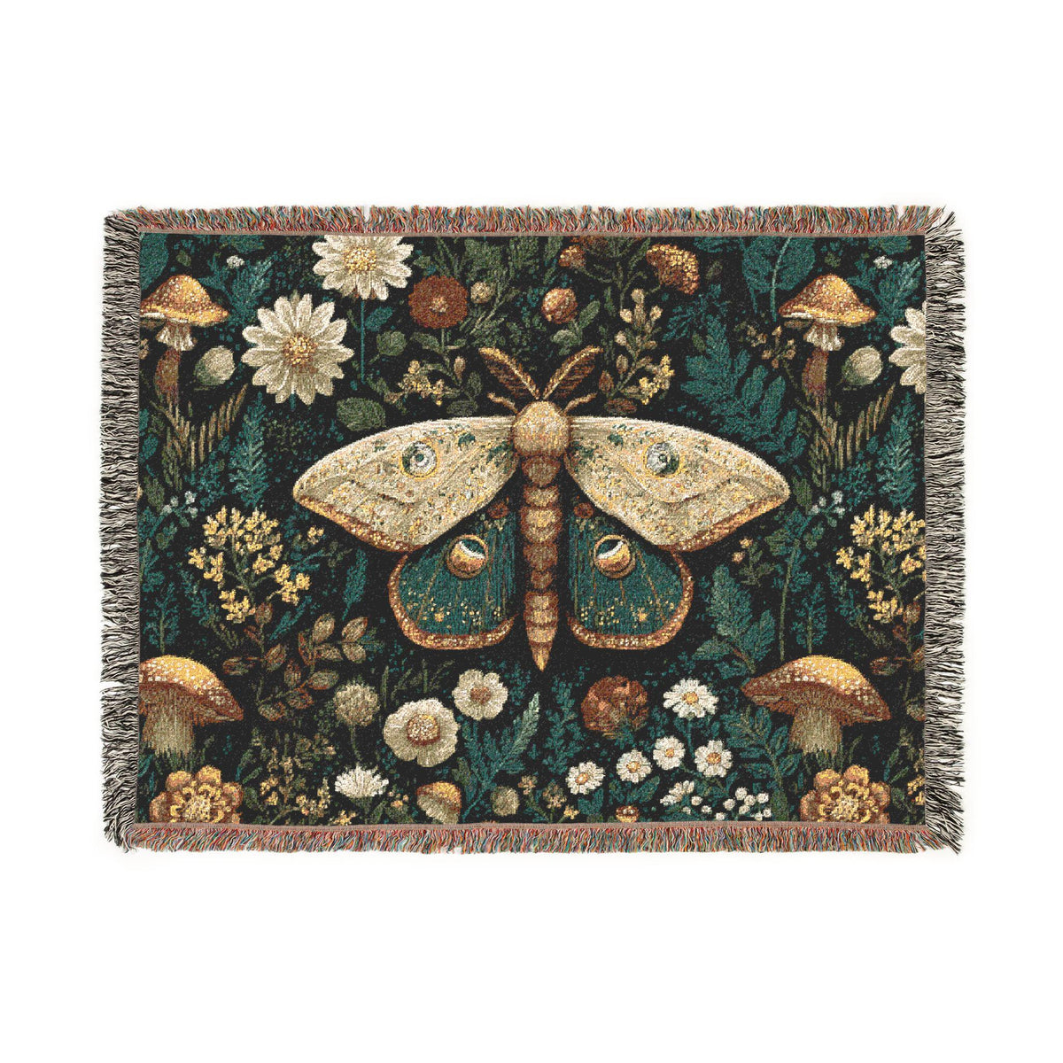 Vintage Moth Tapestry Woven Blanket | Floral Mushroom Boho Throw