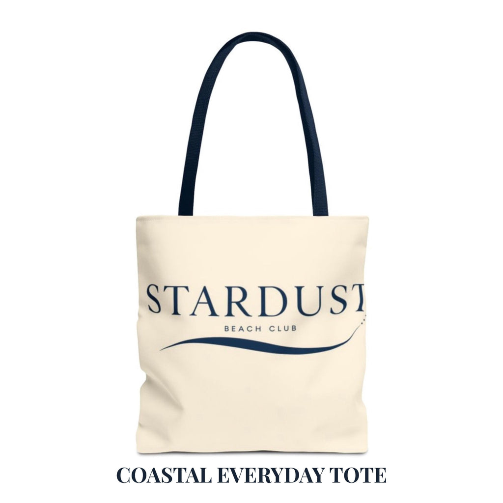 Stardust Beach Club Tote, Canvas Beach Bag, Navy Handles, Minimalist Coastal Style