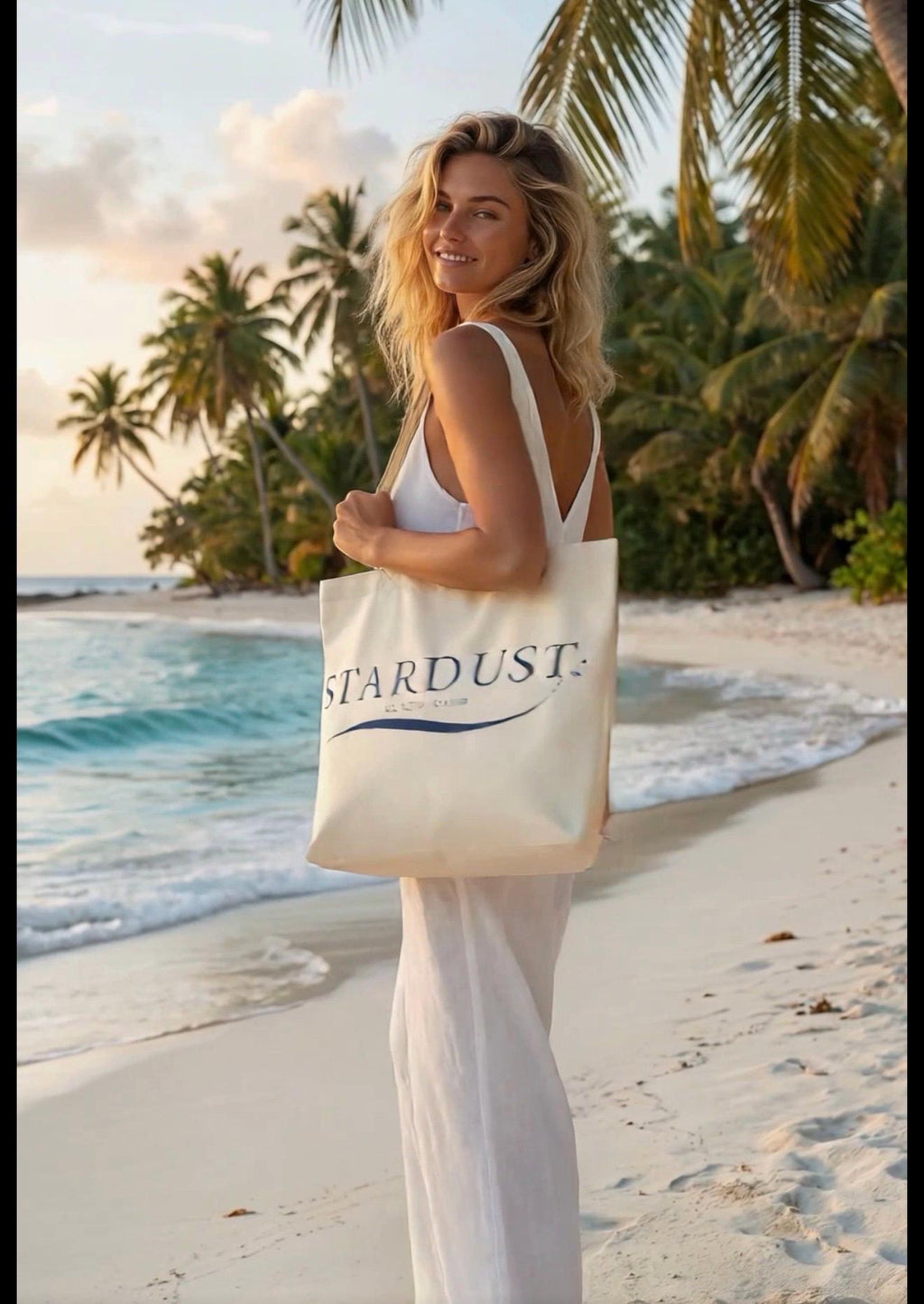 Stardust Beach Club Tote, Canvas Beach Bag, Navy Handles, Minimalist Coastal Style
